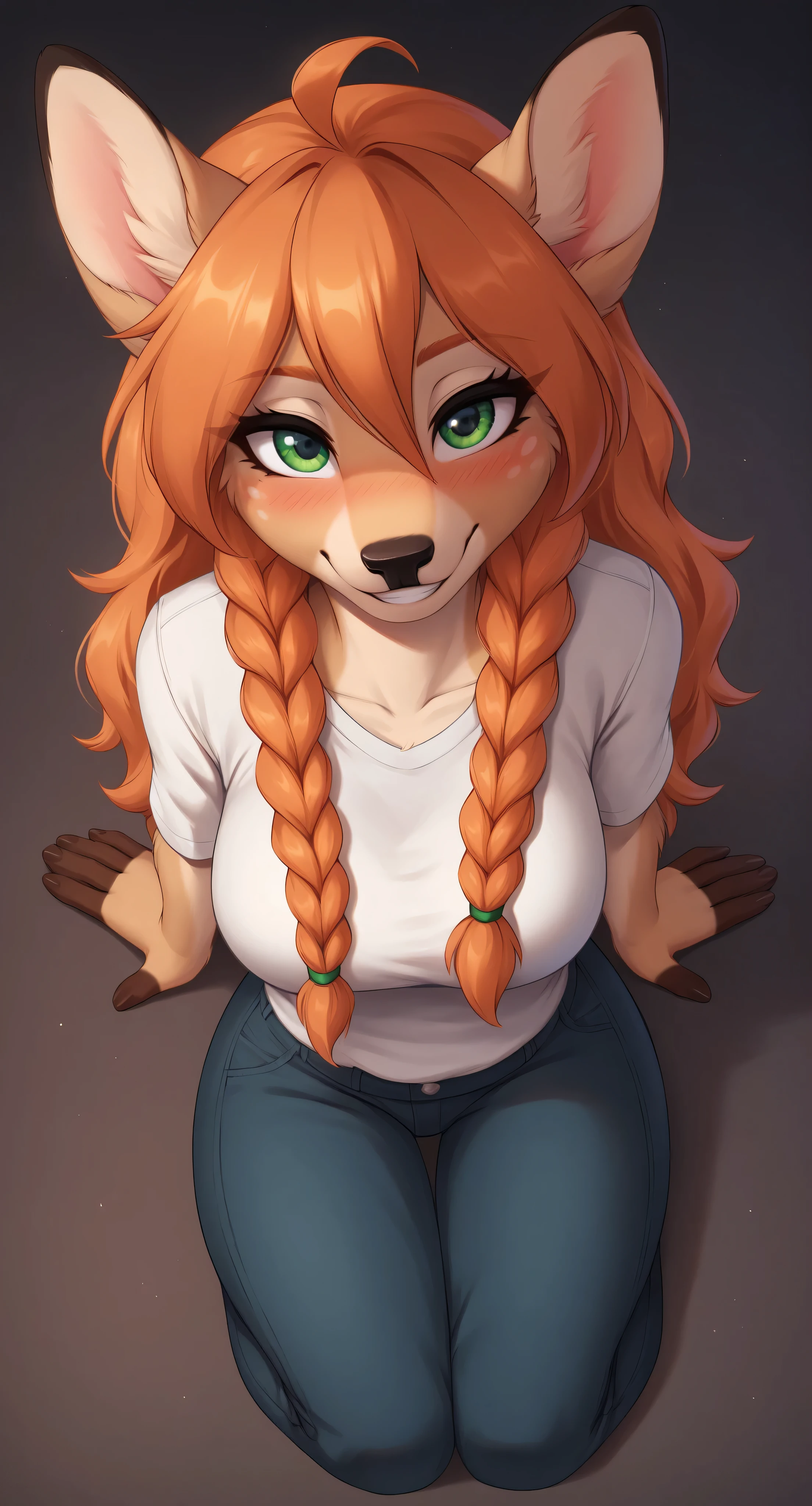 (4K HD Quality), score_9_up, score_8_up, score_6_up, anthro, solo, 1girl, female, furry, axis_deer, orange hair, long thick hair, green eyes, brown fingers, medium large breasts,
(double_braids_hair),
blush, perfect teeth smile, looking at view, full body view,
sitting, shirt, long pants, view from above, simple dark background,