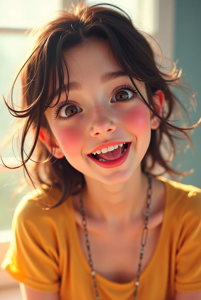 • Depict a giggling with hands over their mouth, surrounded by a playful atmosphere.