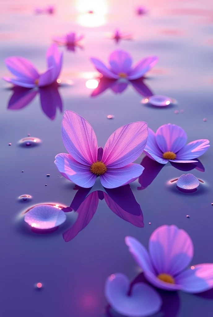 Purple flowers floating in a pool of water with a pink beach - SeaArt AI