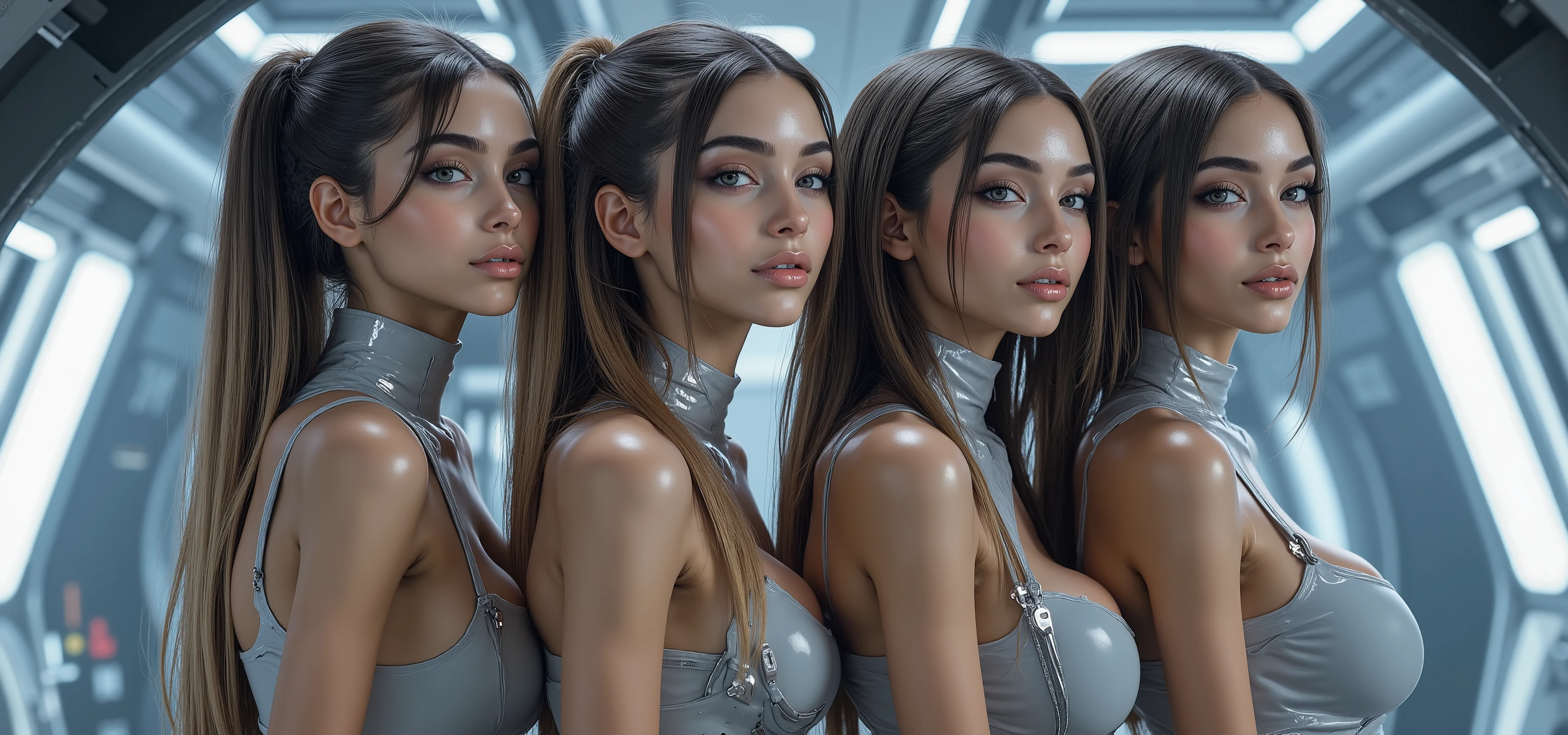 very sharp picture, several beautiful girls,looking at viewer, (( 4 beautiful brazilian model aligned:1.8)),full body view ,(photorealism: 1.4),( hot girl dark brown skin),(complex and realistic skin texture:1.4),dynamic rear view,19years old,insane extremely long blond black hairs fringe, sci-fi,very skinny,very small ass,tight Tight glossy blue white latex combinaison, large cleavage, in a white spaceship ,insane tiny waist and hips,metal large choker, high rise belt, round breast,angelic cute face, white teeth, perfect beauty, perfect eyes render, long eyelashes,large pink lips, (very strong lighting:1.8), hyper realistic and detailed face , blue eyes,(((sharp focus on all bodies:1.8))),