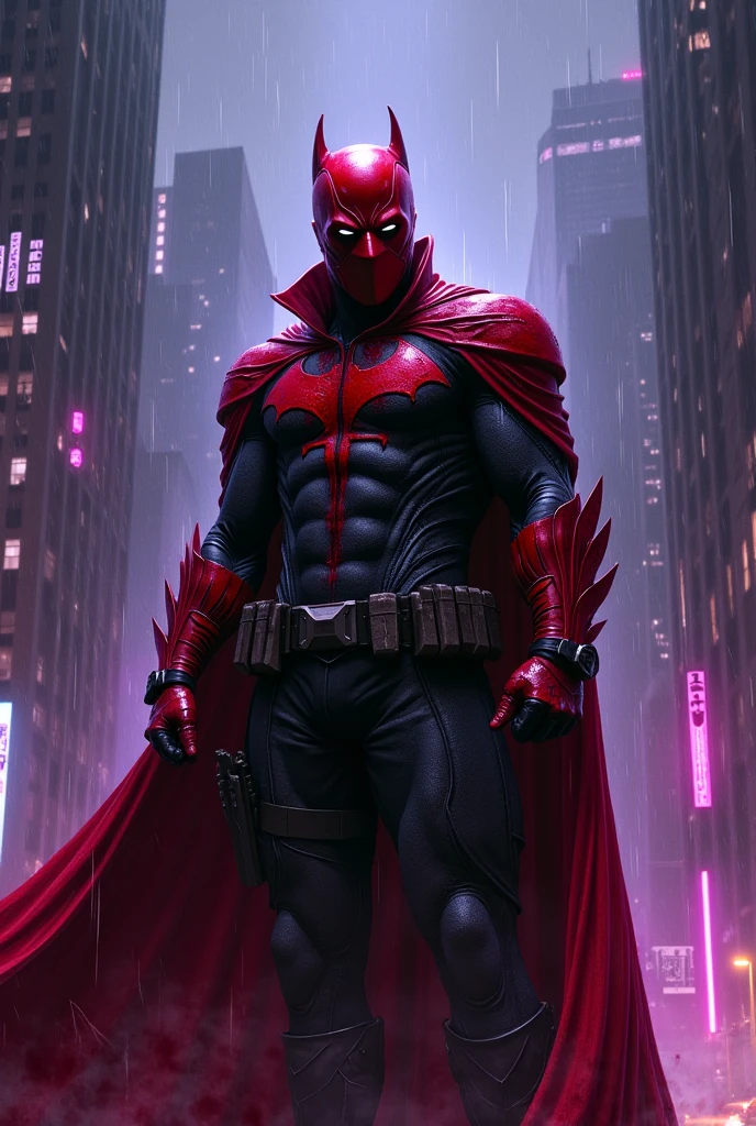 high-tech suit, vivid effects, malaysian superhero (KELUANG MAN) in a striking pink and beige costume cyberpunk design, mask small mini bat ear beige, daredevil biage mask, jumpsuit dark pink stands confidently in a dramatic, stormy landscape. ((Head covered node guard like batman , athletic body type, small mini ear bat mask))The character wears domino mask a helmet with pointed mini torn ears and a flowing cape biege, open nose and mouth. Equipped with visible futuristic weapons on a belt,bullet proof jacket pink dark day, dark night, big supermoon effect .logo on chest triangle shape small punisher logo center triangle cyber logo center on chest pink logo mini logo . rocky. Building top.smoke ground , bomb effect background, adding to --ar 3:4 --style raw --stylize 500 --v 6.1. chaos. Lot of small flying bat .holding gun