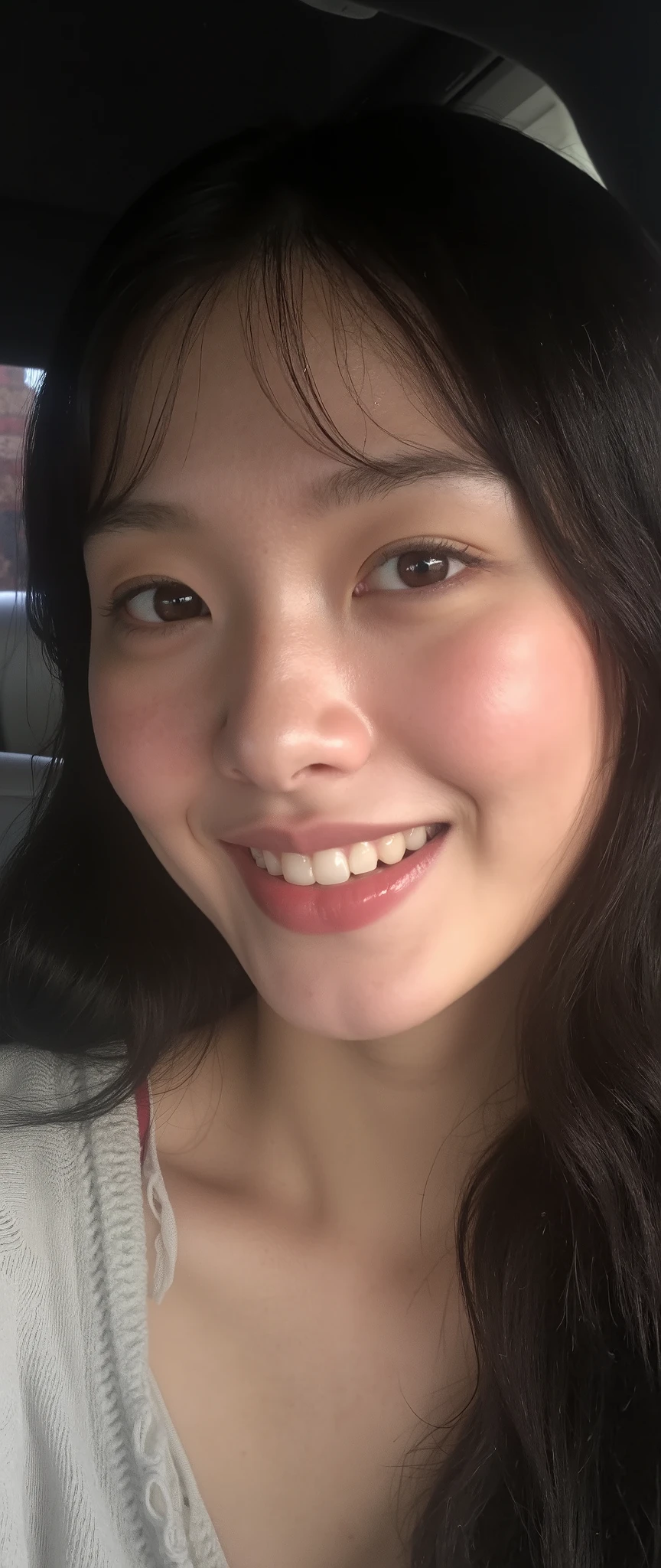 (vivid smile:2.5), (natural lip curvature:2.2), (subtle cheek lift:2.3), (laughing eyes:2.3), (dimpled cheeks:2.0), (realistic shading on lips and cheeks:2.2), (ultra-detailed skin texture:2.3), (soft skin highlights:2.0), (moist lips reflection:2.1), (wrinkles near eyes when smiling:2.4), (warm and inviting smile:2.5), (soft ambient light on face:2.3), (playful smirk with slight head tilt:2.2), (subtle blush on cheeks:2.1)  
 , 1 girl , Selfie, from side, pele morena:0.5 camera distante,  foto tirada por uma Canon A490 (A495) ,  Korean, smile1.0, dentes alinhado, thin , squashed eyes, big eyes,  fringe separated on the right side ,  youthful appearance , black hair  , details eyes , iluminação media, Iris ,  smile, round face,  youthful appearance ,  sitting on the edge of the  ,  vintage aesthetic , cute face,  full lips,  long hair, volumoSo hair, luz media , luz Environment, agenda :night , reflexo no Environment, Environment focado,  looking for , Environment:sentada no banco do carro, dentro do carro,  
