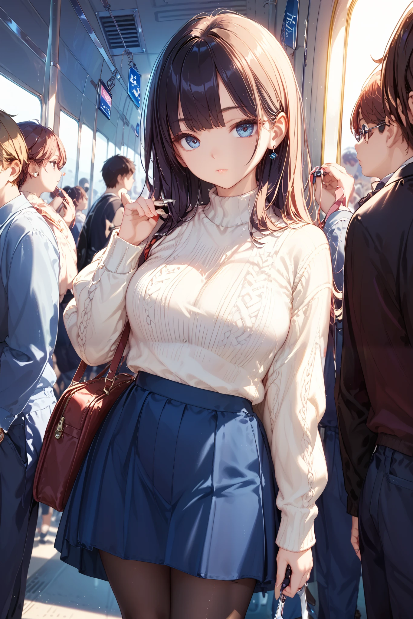 an adult woman in a blue white sweater, a black long skirt, and black pantyhose standing on a crowded train。An expressionless woman holding a strap with one hand。high quality、high quality、 realistic colors、large scissors。