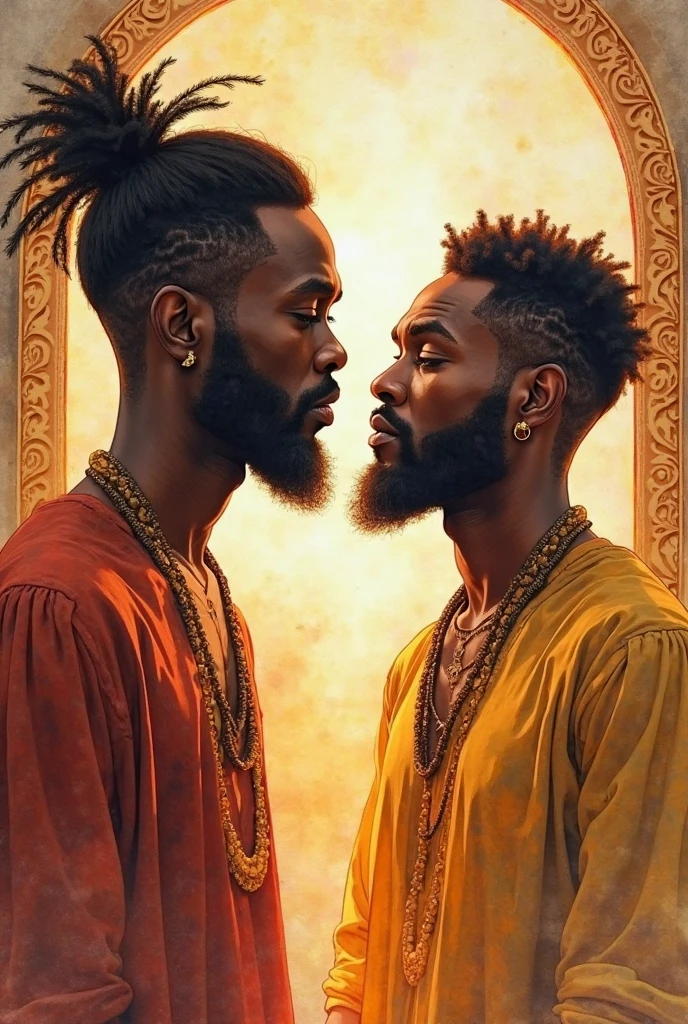 Two men holding hands looking at each other face to face, cheesy, dark skinned, one with afro hair and the other straight, both are dark skinned, Give the second more hair both have earrings