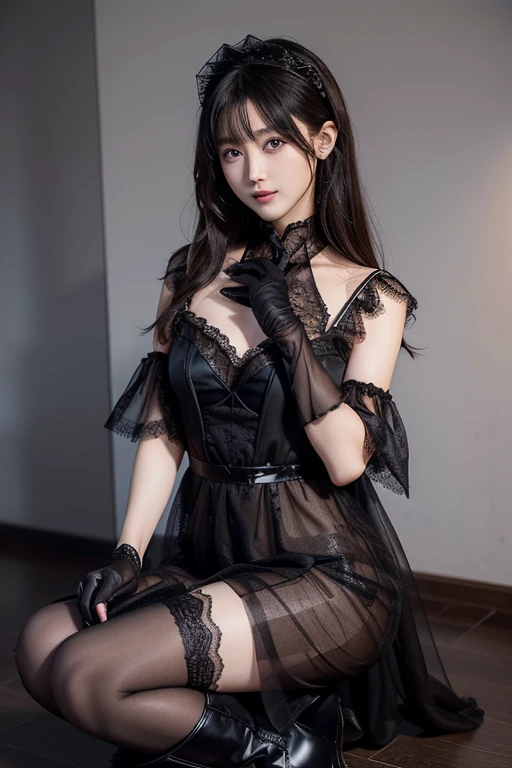 Pure Japanese gothic fashion girl, outstanding body, beautiful legs, wearing gorgeous gothic style dress and skirts and accessories, lace stockings, high heels, vivid makeup, arranged and colorful dyed hair styles, sweet smile, sitting seductive, spread wide legs, lift up skirt, professional portrait photography, decadent and dark mood gothic style rooms at midnight,
