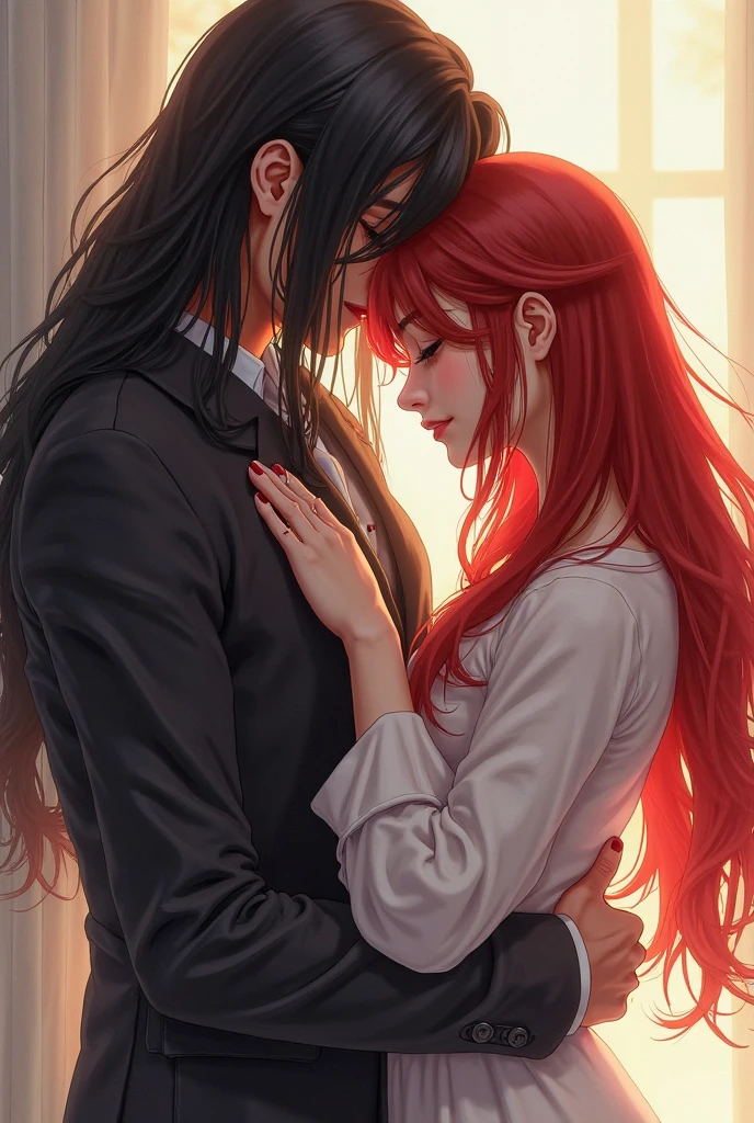 Une scène dans une chambre à coucher, où une jeune femme de 25 ans est assise sur son lit. Elle a des cheveux mi-longs, lisses, et de couleur rouge. Son visage est incliné vers le bas, et on ressent une certaine tristesse ou résignation. Ses poignets sont entravés par des menottes.
À côté d'elle, sur le lit, se trouve un jeune homme de 20 ans. Il a de longs cheveux noirs attachés en queue de cheval. D'une main, il tient un verre d'eau plein , tandis que de l'autre, il caresse doucement le bras de la jeune femme dans un geste de réconfort. L'arrière-plan est une chambre légèrement éclairée, avec des tons doux et une lumière tamisée, créant une ambiance intime et calme.