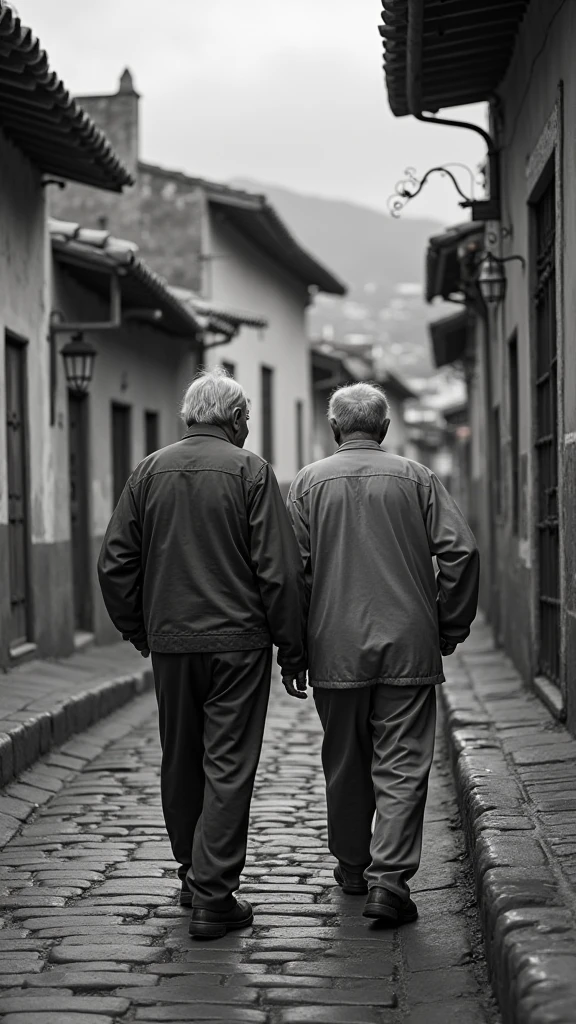 Elderly men and women walking around town, a man walks with a cane, Rear view