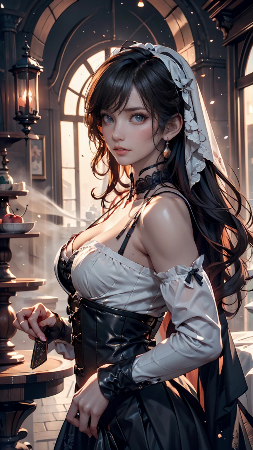 The panoramic deep picture shows a close-up of the Gothic maid dressed in a cosplay uniform,The gothic maid lay on her back on her back exhausted,The body flexes slightly backwards,Gasping deeply,It was a neon drizzle outside the window,The micro-expressions of the gothic maid richly reflect the joy and excitement and satisfaction after intense exercise,Crimson complexion,The small, delicate and delicate nose is set with a pair of luxuriously shaped glasses,The glasses slid slightly down the gothic maid's stunning face, half slipping onto her cheeks,Revealing the huge heterochromatic eyes of the female gothic maid,Those eyes had gemstone pupils with dreamy fire,With seductive red lips, the Gothic Maid's face is beautiful,The gothic maid's delicate cheeks and forehead and sexy tight waist and abdomen were left with half-dried dewdrops,Wet hair is partially sticky,The glow and neon outside the window mixed onto the floor, filling the gothic maid's sexy and delicate body with colored lights,The goth maid's super sexy K-cup teardrop-shaped giant tit's chest has a jelly-like soft elasticity and oily real texture,The exaggerated large breasts and open corset make the super sexy body with obvious sexual characteristics of the gothic maid particularly irritating and sexy,The beauty collarbone of the Gothic maid joins the slender shoulder arms,The Gothic maid had graceful hands that were ergonomic and physiologically normal,Fishing net gloves on their hands,Knee-high fishnet stockings on their legs,Put the gemstone ring on your finger,Wearing Skyscraper Heels on his feet,The Gothic maid had no fat all over her body,And the funnel shape waist,Make peach buttocks look round and sexy,The gothic maid's slender and beautiful legs looked super slender,Gorgeous trinkets and jewelry adorn the beauty all over the body,Have a pleasant smile that makes you think about it,Use Midjourney's advanced stroke tools and experiment with different color palettes and strokes to reveal and improv