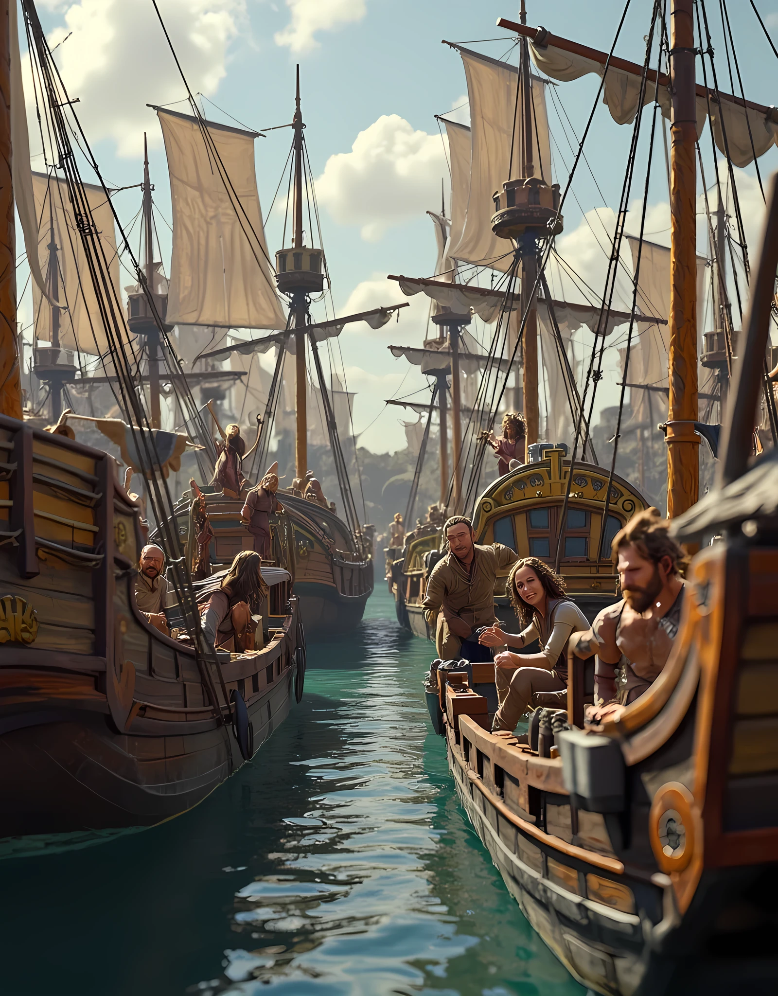 Create a highly detailed, ultra-realistic panoramic scene using Unreal Engine 5, capturing a vibrant medieval Viking merchant ship. Focus on a symmetrically balanced composition featuring several joyful Viking merchants and pirates interact on port scenery, smiling as they engage in lively trading activities. The background should include lifelike wooden ships intricately loaded with various goods, while the background showcases a bustling port landscape filled with activity. Use cinematic angles and leading lines to guide the viewer’s eye through the scene, ensuring a rich depth of field that emphasizes the hyper-realistic textures of the environment and characters. Incorporate mixed lighting to enhance the ambiance, and aim for a level of detail suitable for high-quality art platforms like ArtStation and DeviantArt. Additionally, ensure the accurate depiction of realistic human anatomy, particularly the hands of the merchants and pirates, in this fantasy-inspired setting.