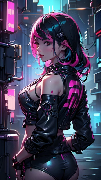 Punk woman with tattoos and minimal piercing. (Show cleavage without undergarment). No emotions. (Very detailed eyes). ((Closeup)) Minimal make up. (Cyberpunk background sunset). Black short hair.
