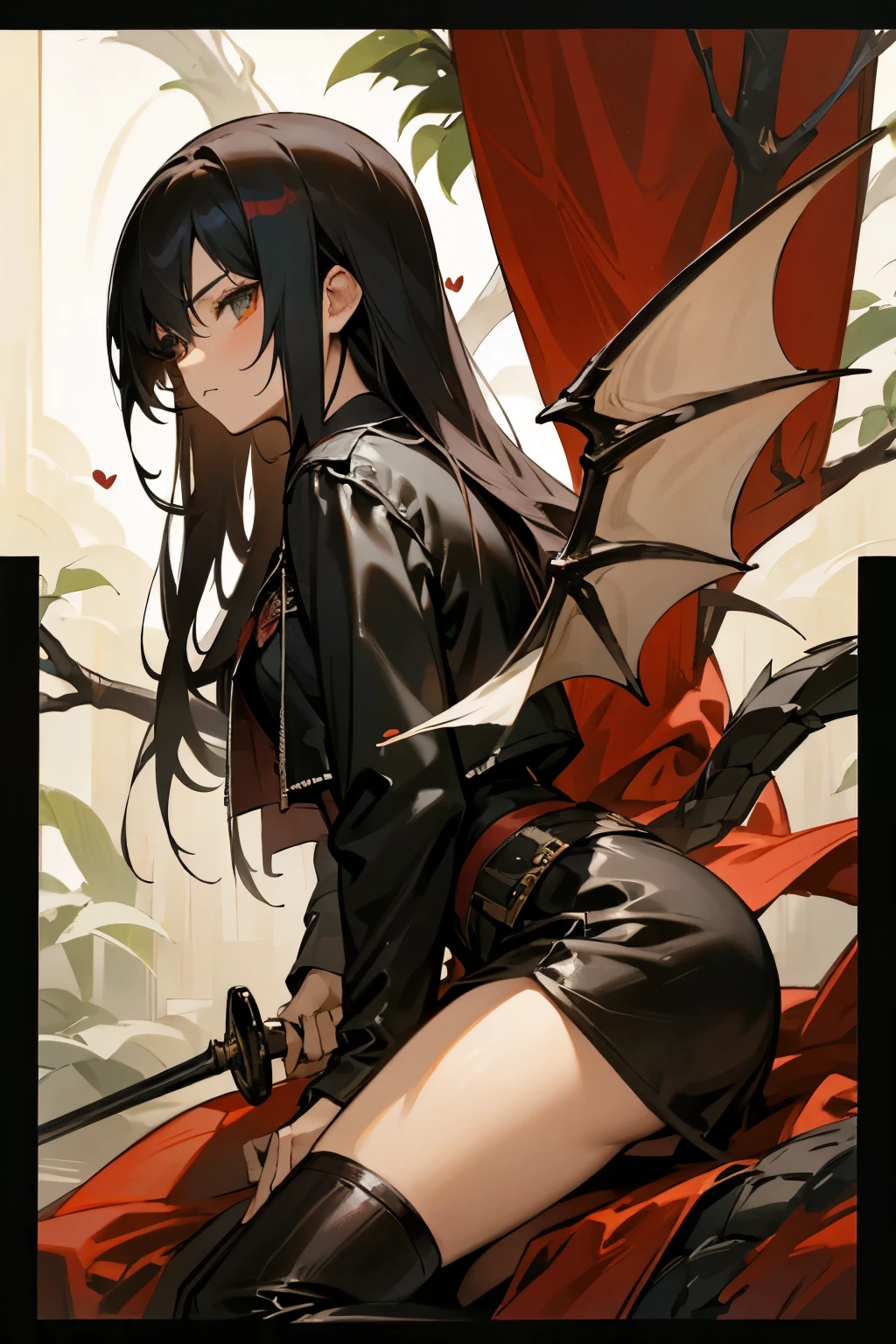 Emo Chen , rose bush , dragon ,heart,Feather,wing,[branch, A long-haired girl with a sword in her hand is half-naked and wearing a leather jacket , Man's Face Behind