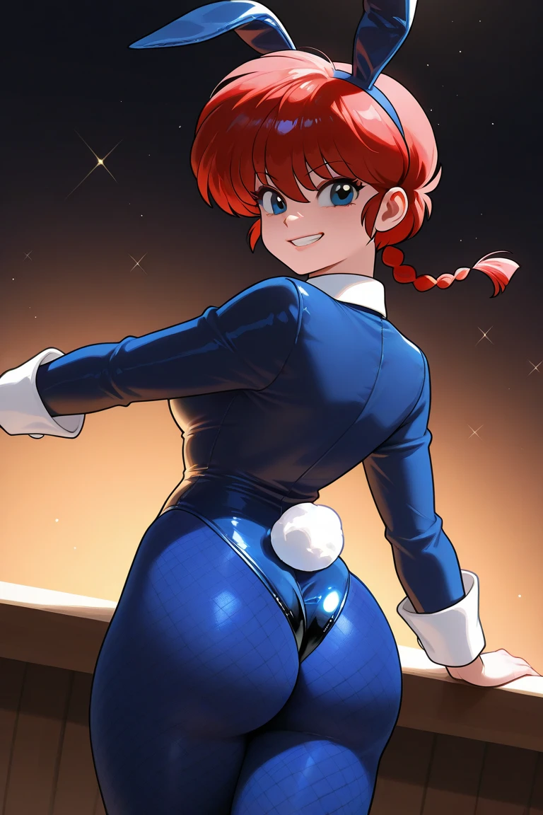 (Masterpiece, Best Quality, High Quality), cowboy shot Nishikino maki love live, Red medium hair, purple eyes, blue bodysuit, blue transparent sunglasses,dark sky ,ass