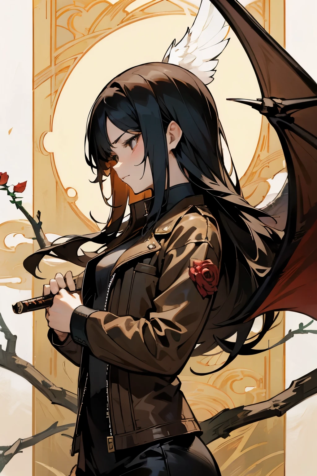 Emo Chen , rose bush , dragon ,heart,Feather,wing,[branch, A long-haired girl with a sword in her hand is half-naked and wearing a leather jacket , Man's Face Behind