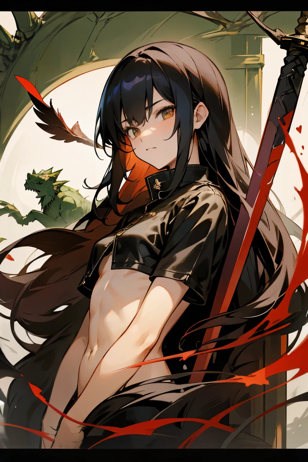 Emo Chen , rose bush , dragon ,heart,Feather,wing,[branch, A long-haired girl with a sword in her hand is half-naked and wearing a leather jacket , Man's Face Behind