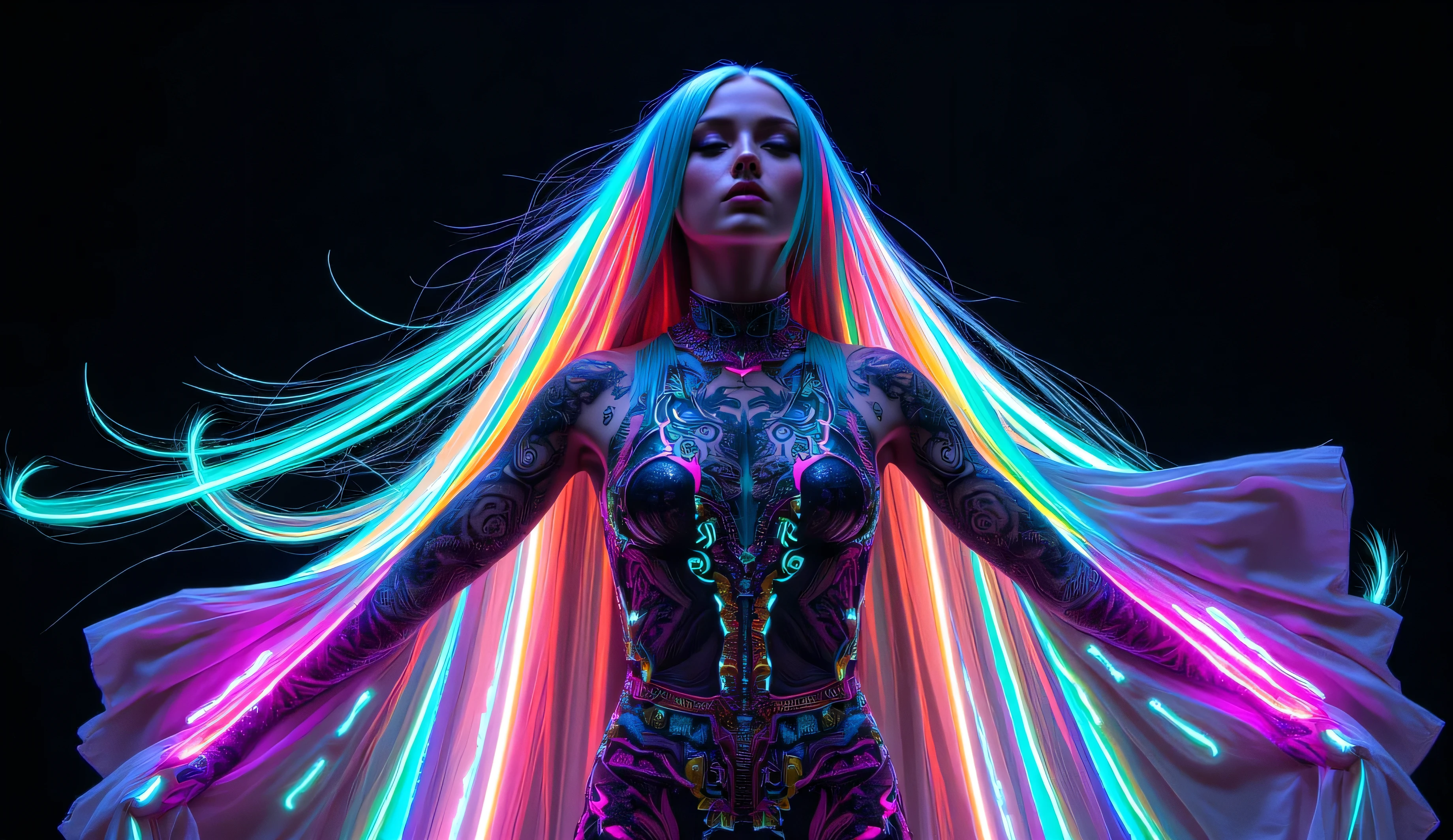Arafed woman with long hair and neon lights in a black room - SeaArt AI