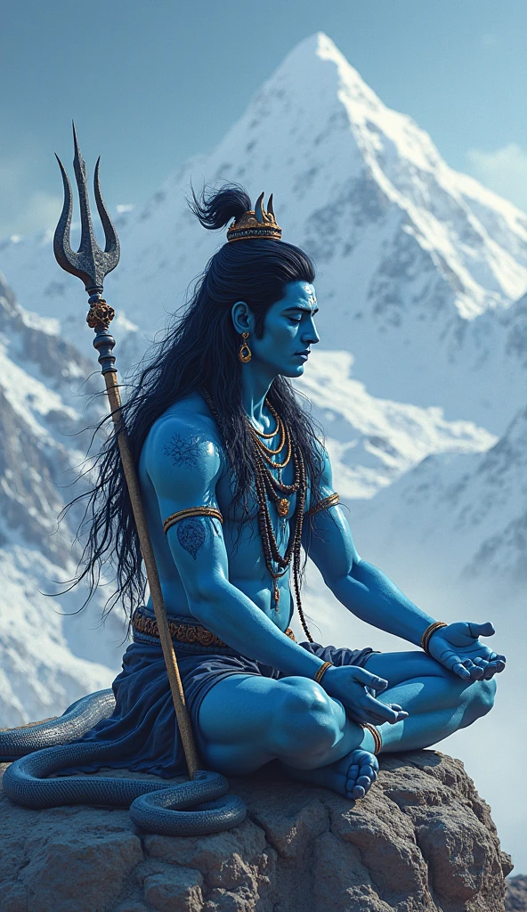 To create a realistic image of Lord Shiva, also known as Bhole Nath, here’s a detailed prompt:
"Create a highly realistic portrayal of Lord Shiva, also known as Bhole Nath, seated on a Himalayan peak. He should have a serene, yet powerful expression, with long matted hair adorned with the crescent moon and a flowing Ganga river. His blue complexion should contrast with the snow-covered mountains in the background. He wears a tiger skin, holds a trident (trishul) in one hand, and has a snake coiled around his neck. His third eye is slightly visible on his forehead, glowing subtly. The environment is mystical, with a hint of fog and ethereal light surrounding him, reflecting his divine aura."
Would you like me to generate this image for you?