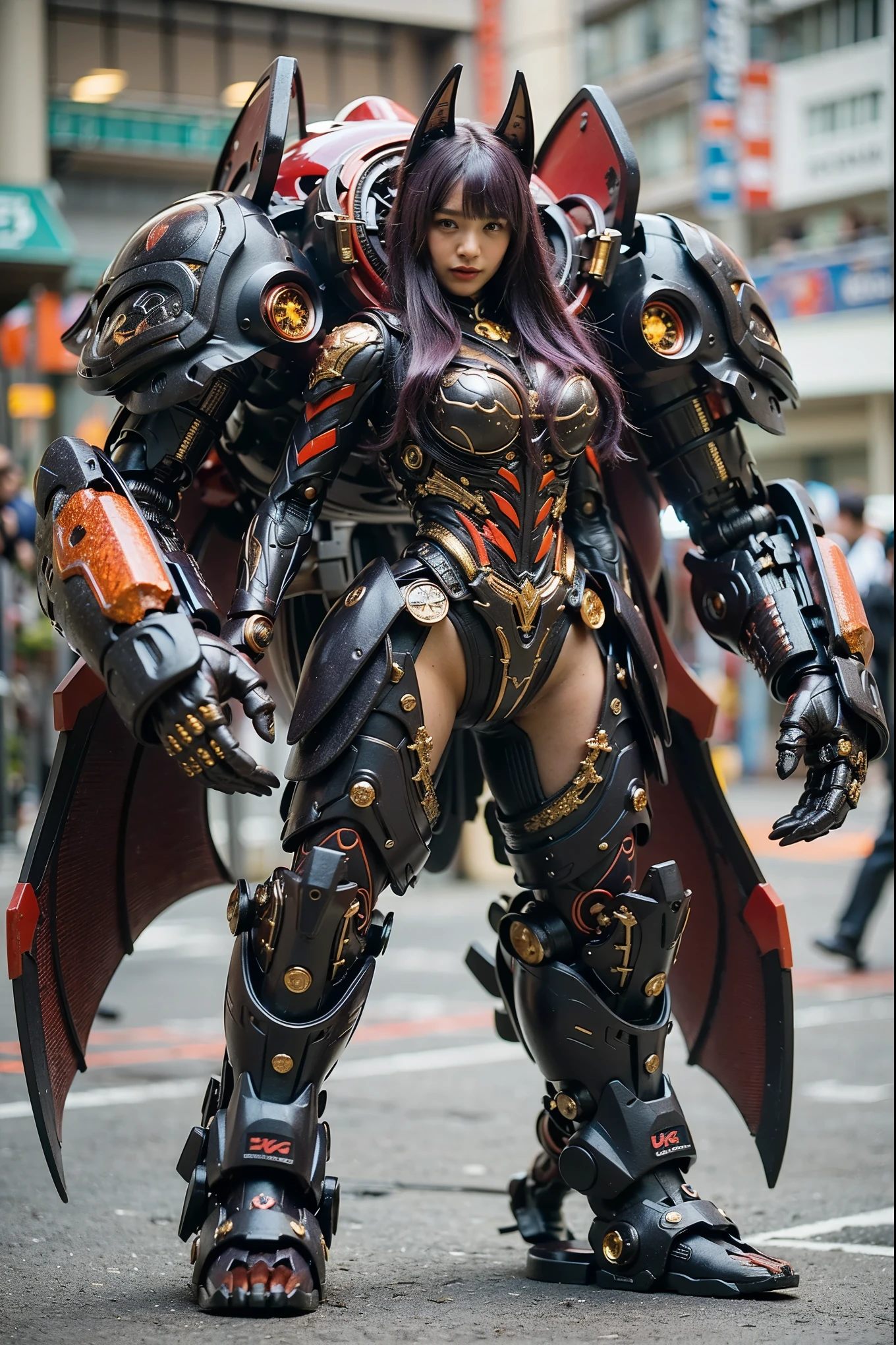 (Completely live action:1.37), (ultimate realistic textures:1.37), (masterpiece, best quality:1.2), (8k uhd, 16k, 32k, ultra high res), ultimate realistic skin, ultimate realistic photo, superrealism, (photorealistic:1.37), (RAW photo), extremely realistic, (ultimate realistic all details), (ultimate realistic all textures), ultimate realistic lighting, ultimate realistic shadow, (japanese girl:1.5), ((young face)), smiling, happy, ultimate realistic face, ultimate realistic skin, ultimate realistic eyes, ultimate realistic background, ultimate realistic detail up, kkw-ph1, ((ultimate intricate details, mechanical armor, glossy texture, metallic texture, light purple hair))