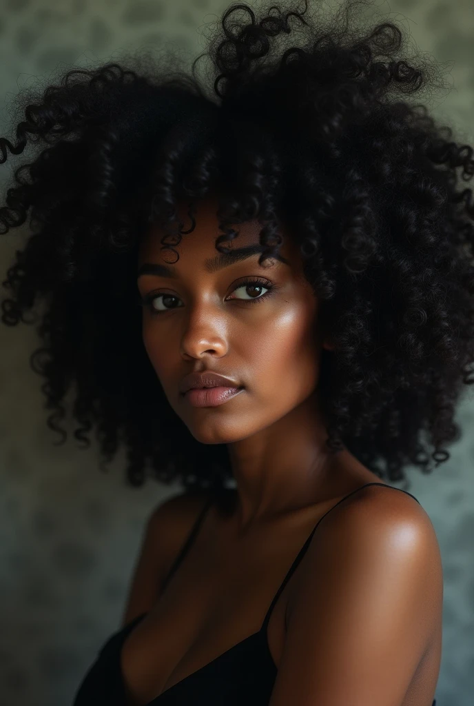 portrait shot, ein (young beautiful dark_skinned girl:1.2) (Inhalt, Lachender Gesichtsausdruck:1.3), Sich im Kreis drehen, (Realistisches Haar, Echtes Haar, Perfektes Haar, fotorealistisch, Fotorealismus, Foto, wirkliches Leben, ADDITIONAL DETeinILS:1.2), In a dimly lit monosphere, Gesicht von Ilya Kuvshinov