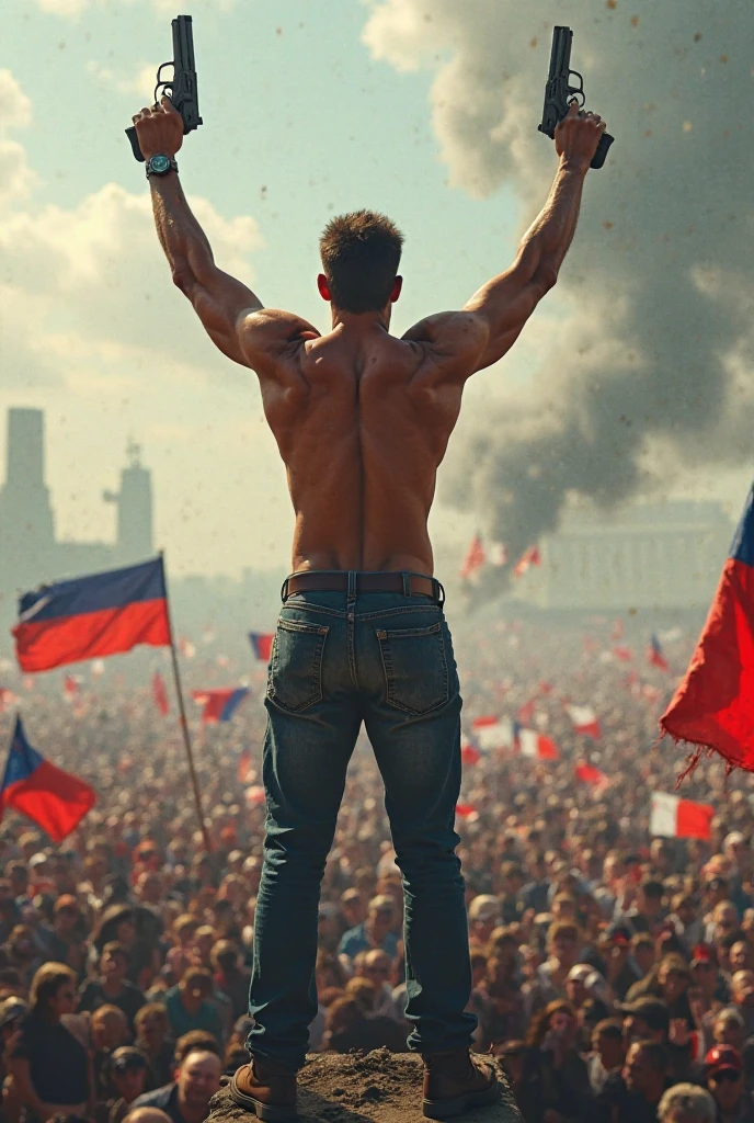 The beauty, strength and masculine power in images over time artistic style (Modernism and Contemporary) The Rebel Environment: Protest street, with banners and barricades.
pose: standing, on the front line, with a raised fist, mostrando una postura challenging.
action: Shouting slogans or confronting the police.
Expression: Enraged, challenging, with an intense look.
Physical Characteristics: slim and athletic body, expressive and determined face.