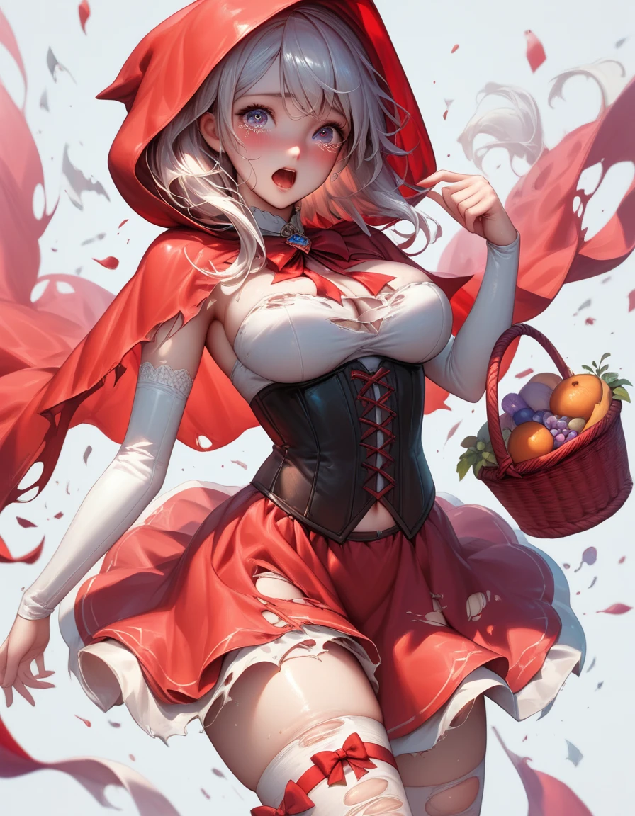 ((beautitul adult version of red ridding hood)) ((cute smile)) (()) ((blue eyes)), ((dark eyeshadows make up)) ((red lips)) ((blonde hair))((big breast:1.5)) ((slender body:1.3)) ((wears a red blouse, corset, short red skirt, red hood)) ((red cape, long socks)) ((holding on hand a basket with flowers)) ((posing on a garden with lot of flowers)), ((high definition:1.5), ((masterpiece:1.5))((8k:1.5)) ((Best quality:1.4)), more_details:-1, more_details:0, more_details:0.5, more_details:1, more_details:1.5, more prism, vibrant color,more prism, vibrant color,