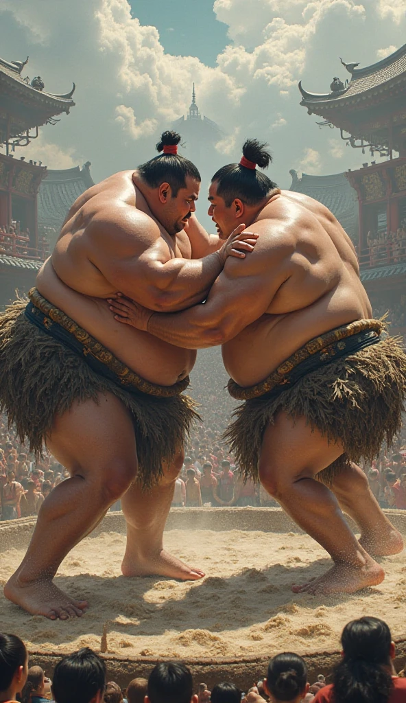 A fight between a fat sumo wrestler and a handsome muscular attractive 30-year old white male with spiky hair. The sumo wrestler is seen choke-holding the gymnast. the arena is seen in our background. All faces are facing the camera.
