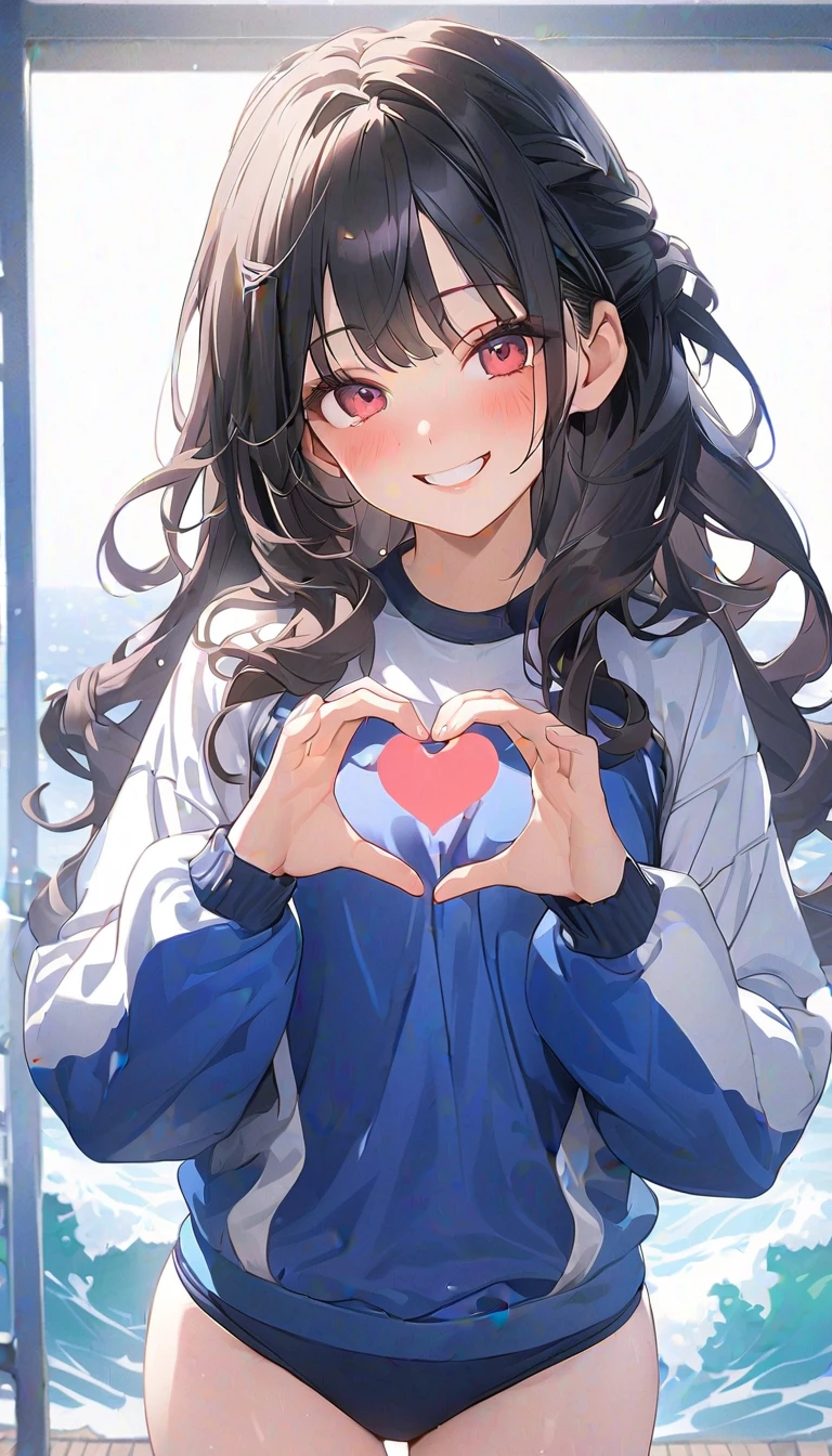 a girl, cosy sweater on, upper body, (huge Laughing:1.1), (open mouth:1.1), (wide open eyes:1.2), sun glare, bokeh, depth of field, blurry background, light particles, strong wind, (heart particles:1.1)