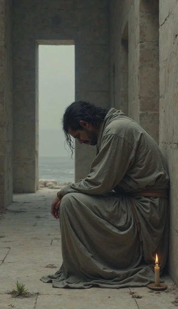 "Generate an image that represents Gualterio and Felipe D'Aunay after being tortured, showing their faces full of sadness and resignation.
The scene takes place in a dark and cold medieval stone cell., with dim lighting coming from a small high barred window. The walls are thick and damp, creating an oppressive atmosphere.
Gualterio and Felipe D'Aunay are sitting on the floor of the cell, leaning against the wall. Their bodies show signs of torture, with torn clothes and blood stains. Gualterio, about 30 years old, His face is covered in bruises and wounds., and his expression reflects deep pain and sadness. His eyes are tired and glassy, showing a mixture of suffering and resignation. Felipe, about 35 years old, is at your side, with a similar expression of sadness and despair. His face is also marked by torture wounds., and his hands are tied with chains that are fixed to the wall.
They both have messy and dirty hair., and their bodies are in a posture of exhaustion, reflecting the cruelty they have suffered. The dim light coming through the window casts long shadows on the floor and walls, adding a sense of isolation and hopelessness.
The general atmosphere of the image is one of suffering and resignation, capturing the tragedy of Gualterio and Felipe D'Aunay after being subjected to torture, showing his physical and emotional pain in a medieval cell."