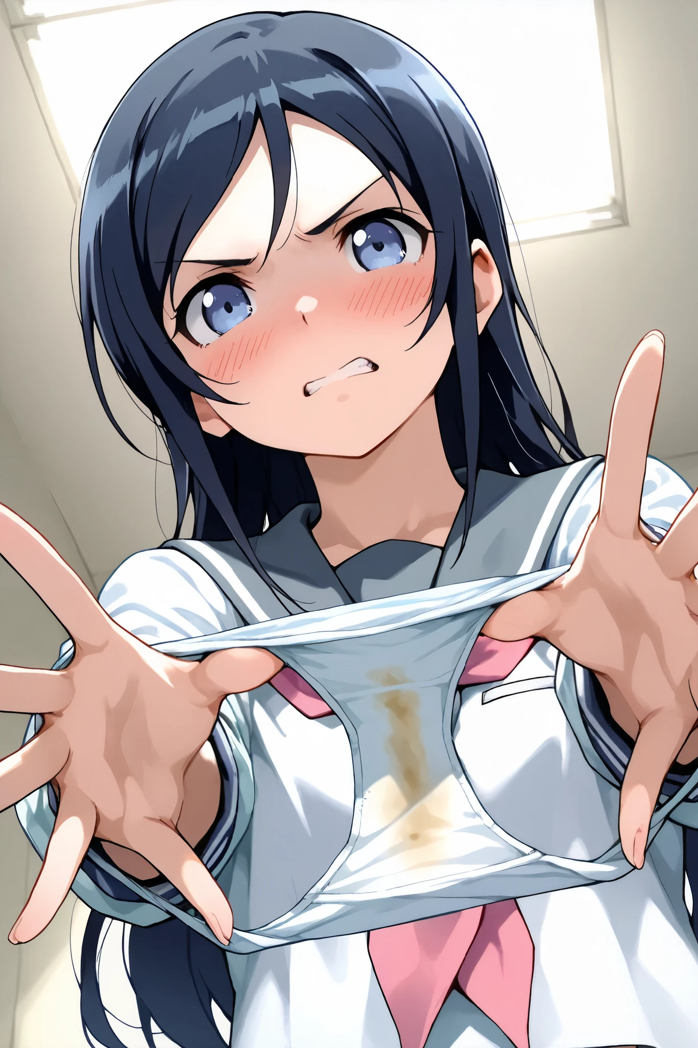 Aragaki Ayase, female 1 person,Alone,
extreme closeup below the chest, low angle,
black hair, long hair,half up, o, blue eyes,viewers,
spreading panty with hands,
unwearing panty,dirty panty,
very angry,blush,incontinence,contempt,
discomfort,
school uniform, sailor suit, shirt,white shirt, gray sailor color,Neckerchief,pink Neckerchief,