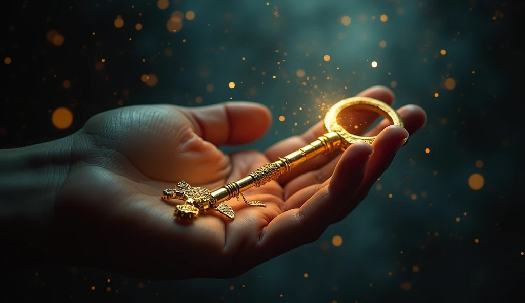 A detailed golden key glowing with an ethereal light, held in an ...