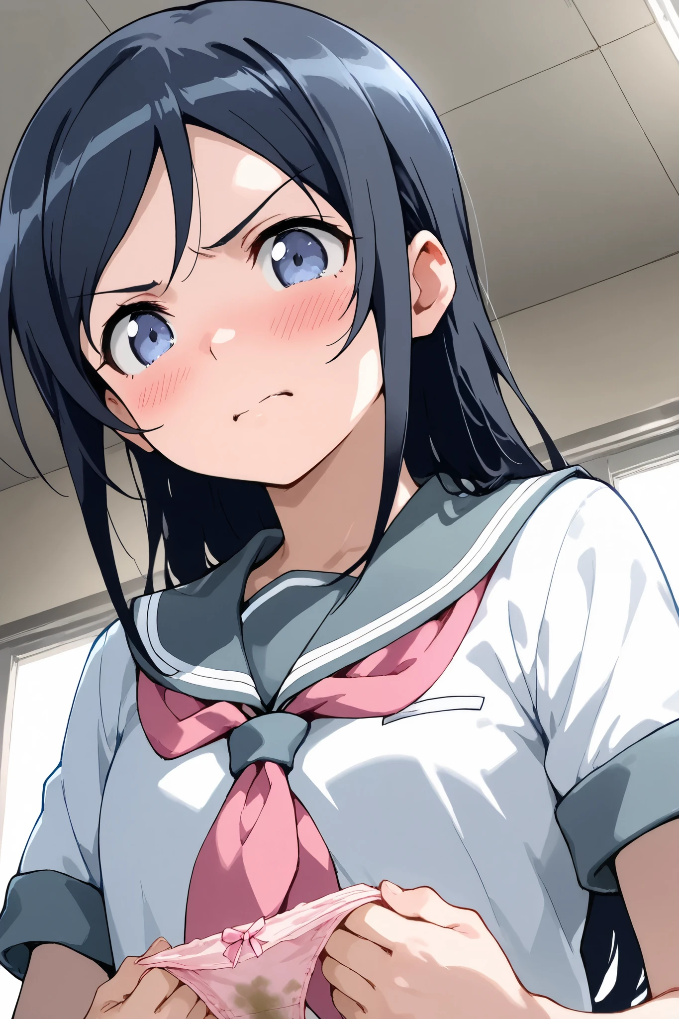 Aragaki Ayase, female 1 person,Alone,
extreme closeup below the chest, low angle,
black hair, long hair,half up, o, blue eyes,viewers,
spreading panty with hands,
unwearing panty,dirty panty,
very angry,blush,incontinence,contempt,
discomfort,
school uniform, sailor suit, shirt,white shirt, gray sailor color,Neckerchief,pink Neckerchief,