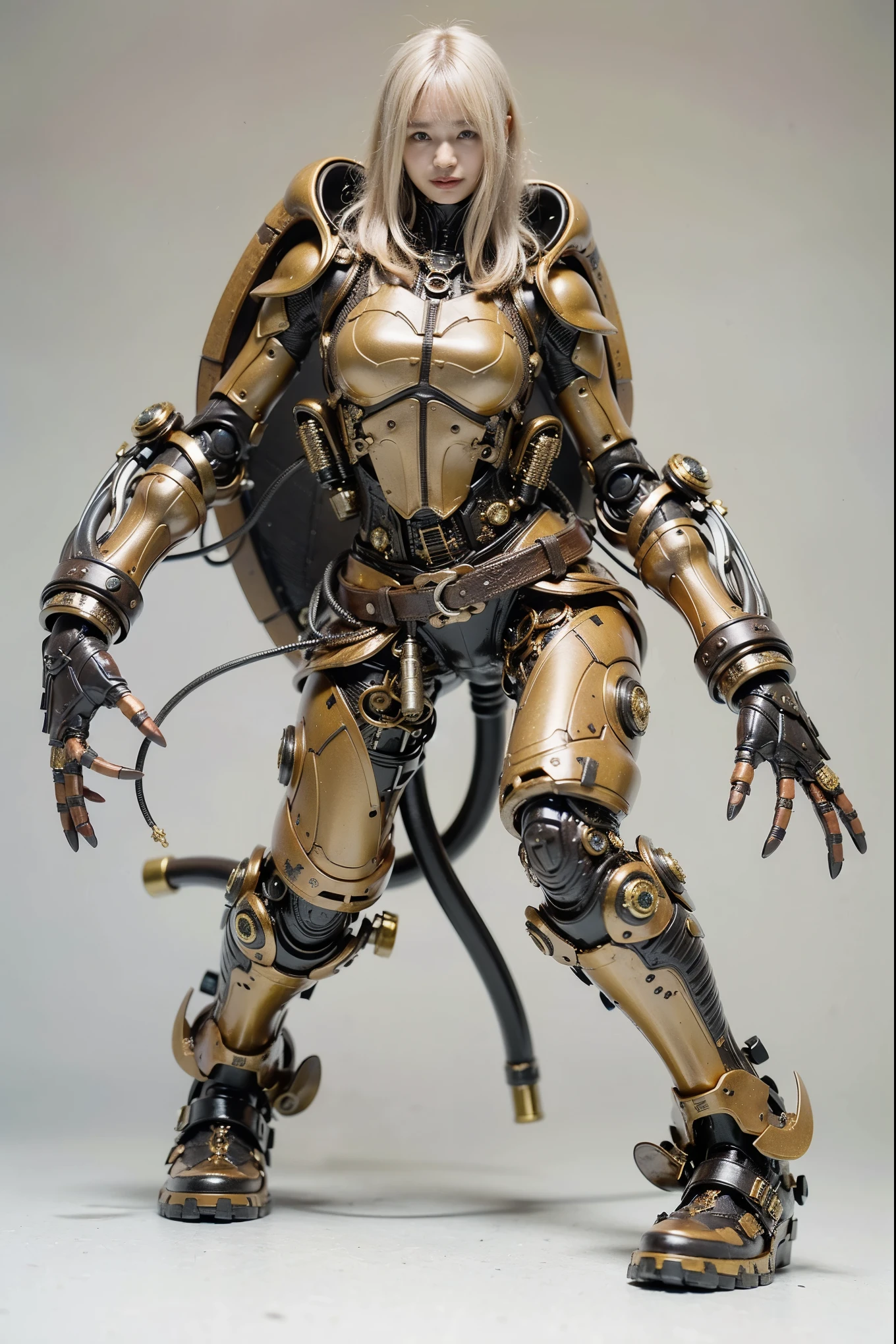 (Completely live action:1.37), (ultimate realistic textures:1.37), (masterpiece, best quality:1.2), (8k uhd, 16k, 32k, ultra high res), ultimate realistic skin, ultimate realistic photo, superrealism, (photorealistic:1.37), (RAW photo), extremely realistic, (ultimate realistic all details), (ultimate realistic all textures), ultimate realistic lighting, ultimate realistic shadow, (japanese girl:1.5), ((young face)), smiling, happy, ultimate realistic face, ultimate realistic skin, ultimate realistic eyes, ultimate realistic background, ultimate realistic detail up, kkw-ph1, ((ultimate intricate details, mechanical armor, glossy texture, metallic texture, white yellow hair))