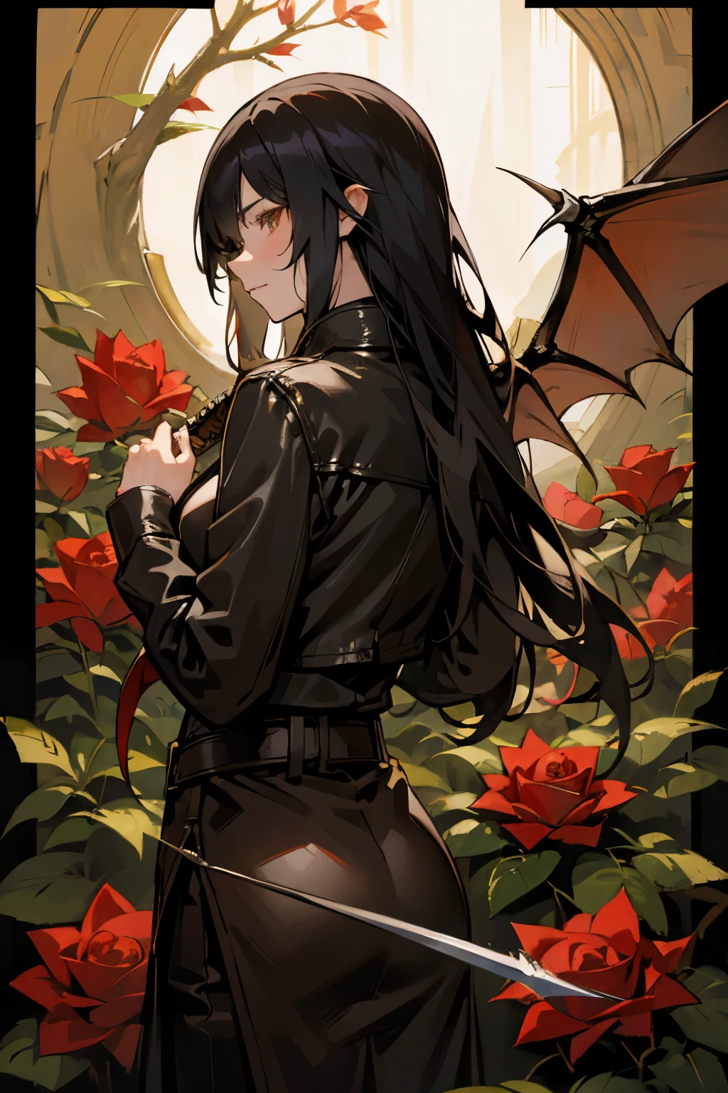 Emo Chen , rose bush , dragon ,heart,Feather,wing,[branch, A long-haired girl with a sword in her hand is half-naked and wearing a leather jacket , Man's Face Behind