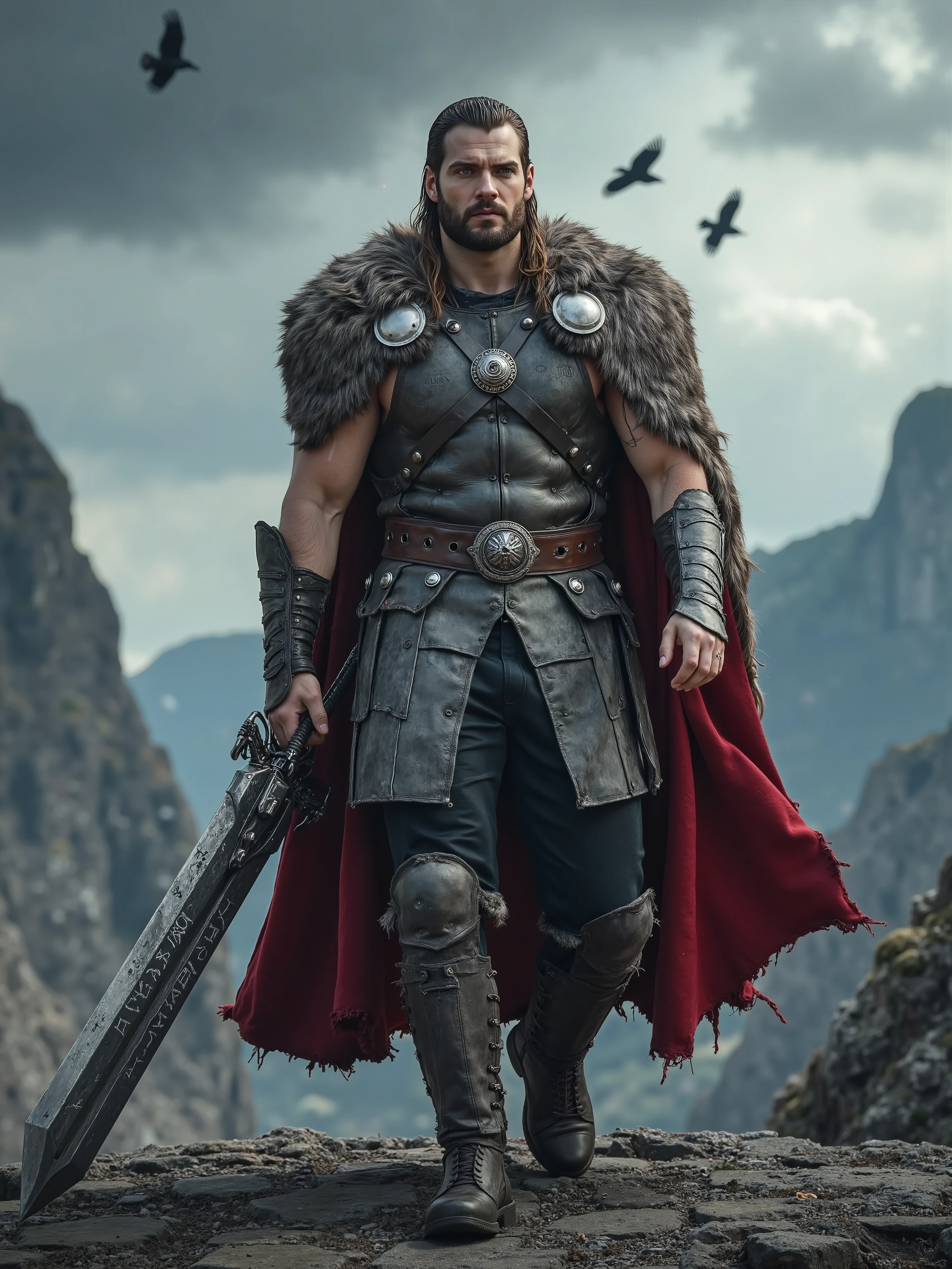 Henry Cavill reimagined as a majestic Norse god Tyr walking and holding a colossal greatsword、dramatic atmosphere, 1 male、
His broad, muscular frame is etched with battle scars, a testament to countless wars fought in the name of justice. Long, dark-blond hair is pulled back into a warrior’s braid, revealing a chiseled jawline and a proud, noble brow. His piercing steel-gray eyes reflect unwavering resolve, while his face bears the calm of one who carries the weight of destiny.
He wears a heavy Asgardian cuirass of dark iron and silver, engraved with ancient Norse runes of honor and sacrifice. Over his shoulders rests a wolf-fur mantle, its dark-gray pelt draping across his back, secured by a circular brooch shaped like a snarling wolf’s head. Broad, rune-etched pauldrons guard his shoulders, while a thick leather belt, adorned with steel studs and warrior sigils, holds his armor tightly in place.
A crimson war-cloak, torn at the edges and weathered by battle, flows behind him. His bracers and greaves are forged from blackened iron, each piece marked with scars from countless battles. In his hand, he holds a colossal greatsword, its blade gleaming with a faint, icy sheen, ancient runes glowing along its length—a weapon built for a god of judgment and war.
, shows his male character's full figure, athletic body, perfect face, full body, extremely beautiful, god, male shape, perfect anatomy, The background showcases atop a stone battlefield, the wind howls through jagged mountain peaks as ravens circle above. The sky is heavy with storm clouds, lightning crackling in the distance. , masterpiece, realistic, high contrast, 8k, HD, high definition detailed, detailed, hyper detailed, realistic skin texture, best quality, ultra high resolution, hyper realistic, no text, very detailed eyes, dramatic lighting