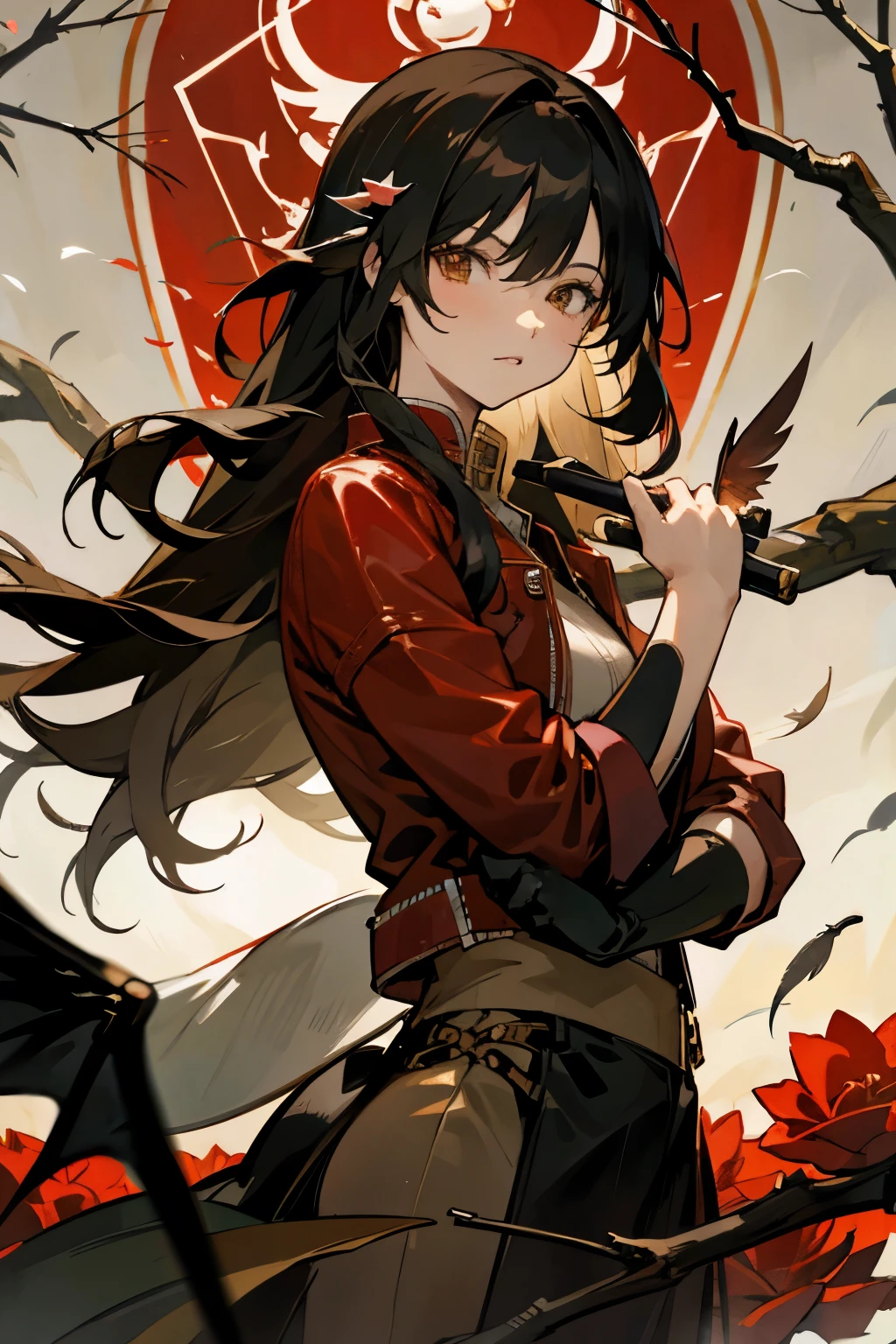 Emo Chen , rose bush , dragon ,heart,Feather,wing,[branch, A long-haired girl with a sword in her hand is half-naked and wearing a leather jacket , Man's Face Behind