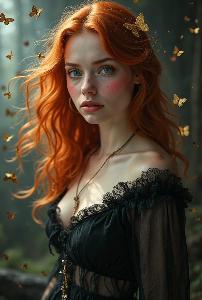 (solo, full body photo:1.3), (action packed:1.3), (haze, fog, mist:1.3), chiaroscuro, best quality, photorealistic, 1woman, (cute), (24yo:1.2), redhead, long ginger hair highly detailed, 1700'S, digital photography, art by artgerm and ruan jia and greg rutkowski surreal painting gold butterfly filigree, broken glass, (masterpiece, sidelighting, finely detailed Fashionable eyes: 1.2) (perfect oval large eyes that gazes at the viewer), beautiful detailed face, blue gorgeous perfect eyes, (blonde hair ponytail), (attractive young woman:1.3), (thick amazing hair), (seductive:1.1), (blushing:1.1)