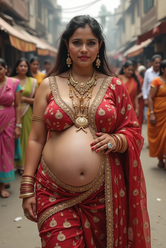 a RAW Photo of girl, (masterpiece:1.1), best quality, ultra high res, high detailed, (photorealistic:1.4), sharp, face detail, (eyebrow piercing:1.1), detailed eyes, detailed face, tied hair:1.2), (huge breasts:1.1), (huge pregnant),indian wedding in background ,yellow saree, (Huge ass:1.1),