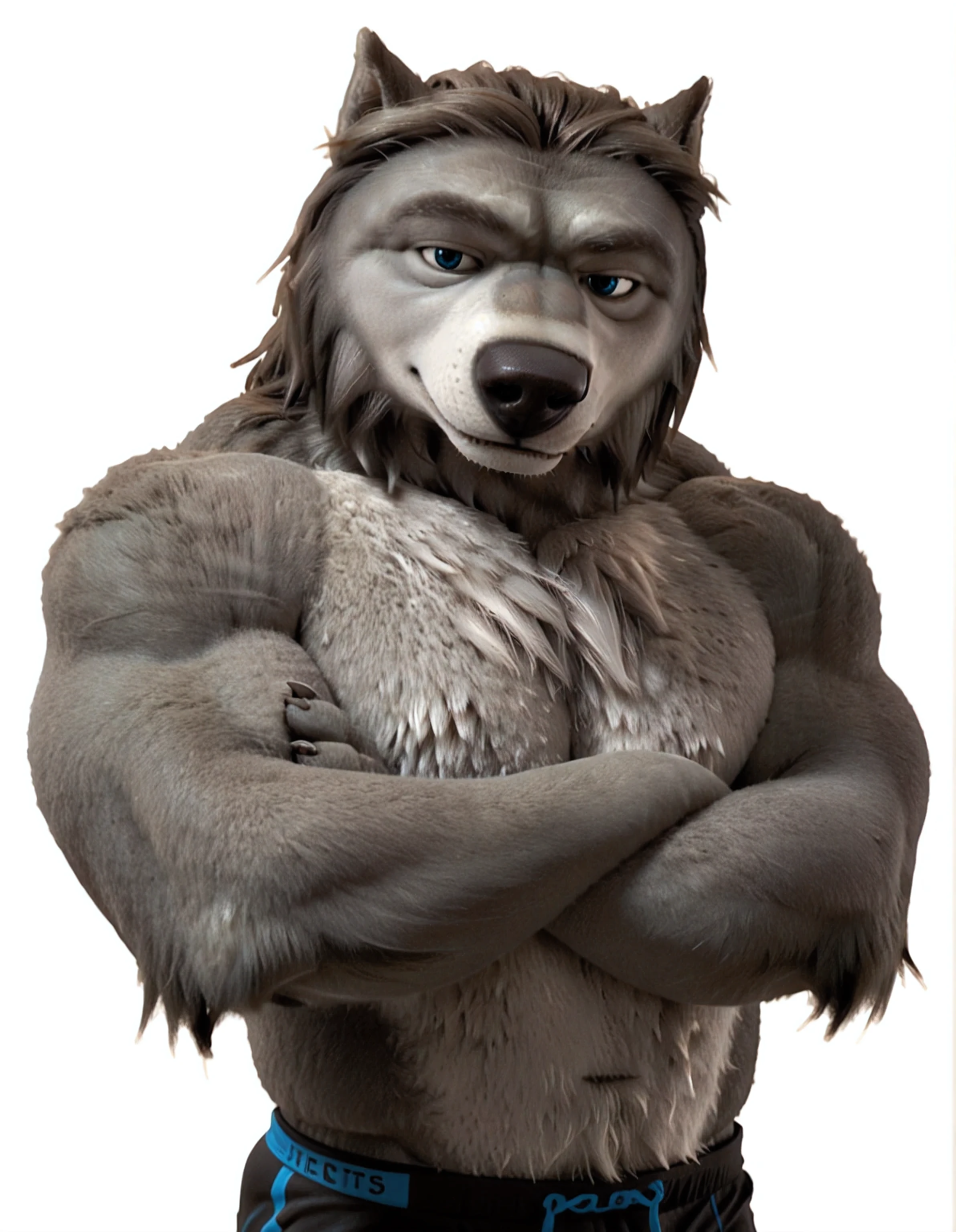 WinstonAO, high quality, standing proud, looking at viewer, white background, simple background, male, wolf, old wolf, blue eyes, anthro, muscular, wide shoulders, (big body, thick arms, heavyweight body), strong chest, strong, black fur, black speedos, arms crossed, half body, t4r4nf1dd13r, subtle smile, gentle face,