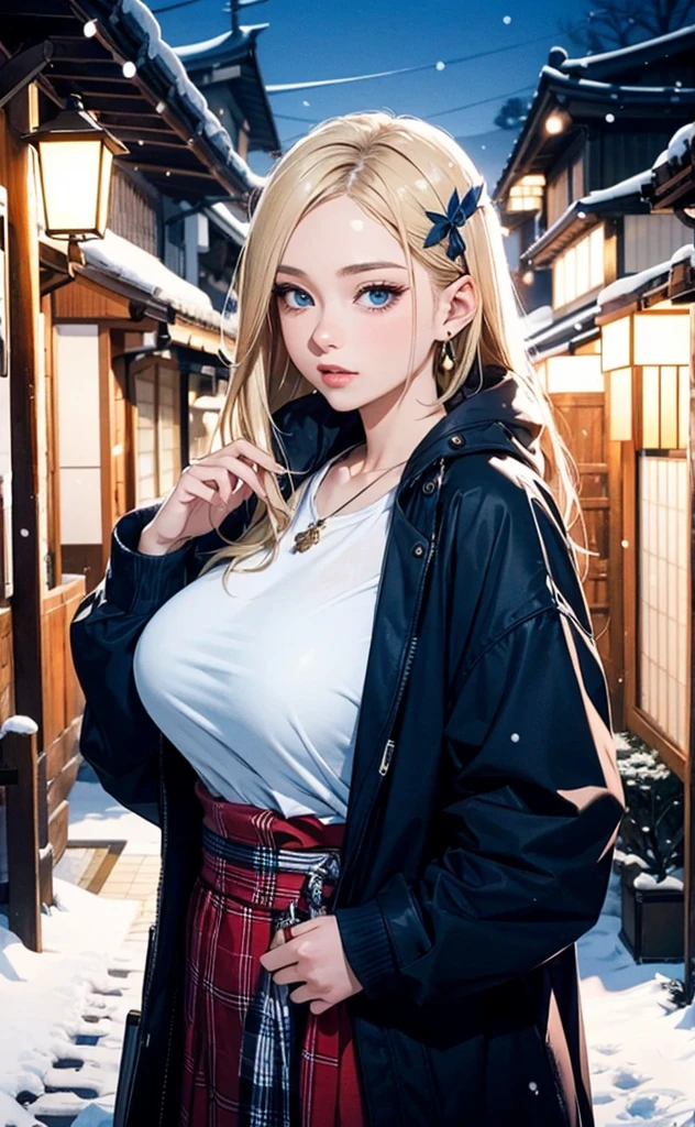 top-quality、masterpiece、超A high resolution、(Photorealsitic:1.4)、Raw foto、1 girl in、a blond、full body Esbian、large full breasts、Ultra exposed cleavage、erotick、Erotic look、gargantilha、二重まぶた、Loose and fluffy perm、semi long hair、student clothes、a miniskirt、JK Ribbon、Thin, Skinny clothes