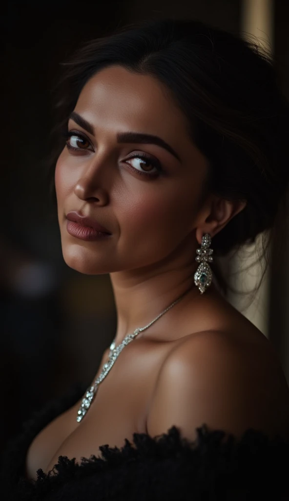 A stunning, glamorous woman named deepika padukone in black sheer, sexy designer clothing, beautiful detailed eyes, beautiful detailed lips, extremely detailed face, long eyelashes, high fashion model posing confidently, intricate lace bodice, flowing chiffon fabric, luxurious fur coat, glowing skin, dramatic lighting, moody, cinematic, (best quality,4k,8k,highres,masterpiece:1.2),ultra-detailed,(realistic,photorealistic,photo-realistic:1.37), fashion photography, haute couture, couture, editorial, vogue