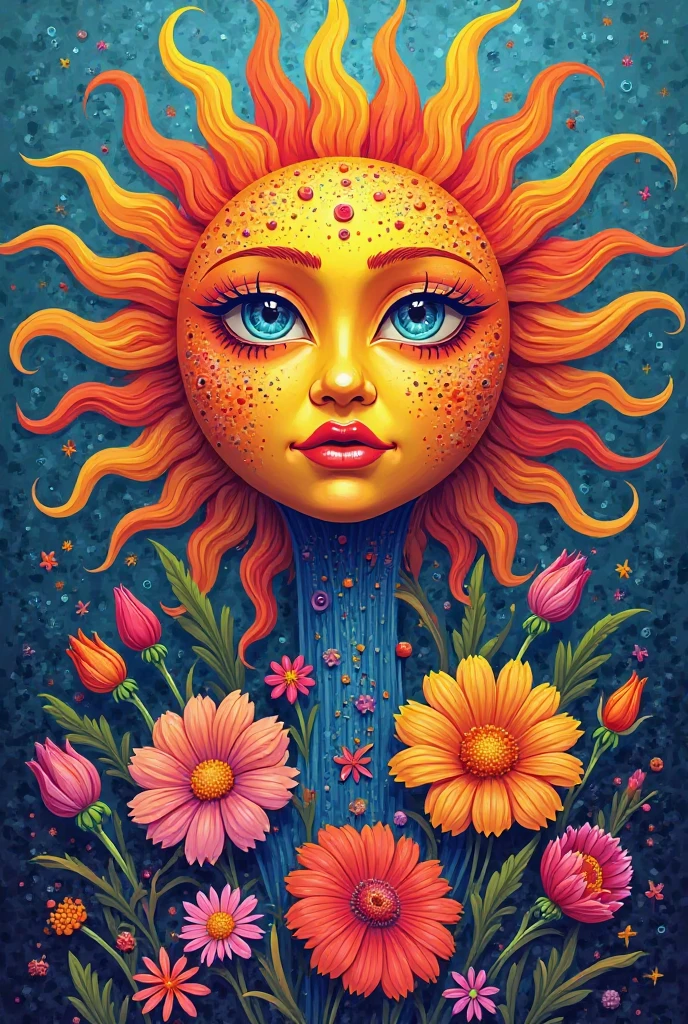 Create a tattoo design of the sun hugging the moon , that the sun in the center has three three-pointed stars each and that the sun and the moon are surrounded by Isthmus flowers