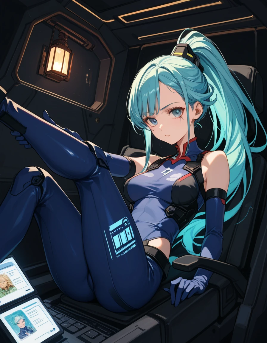 A bedroom lit by neon blue light, highlighting metallic surfaces and contours. High-tech screens display charts, graphs, and text in shades of blue. A large panoramic window reveals vast outer space. A girl is lying on her bed, facing away from the viewer, observing the cosmos through the window. She is using a handheld device that emits a green holographic projection. She wears a white t-shirt, black shorts, and is barefoot. The overall atmosphere is futuristic and serene."