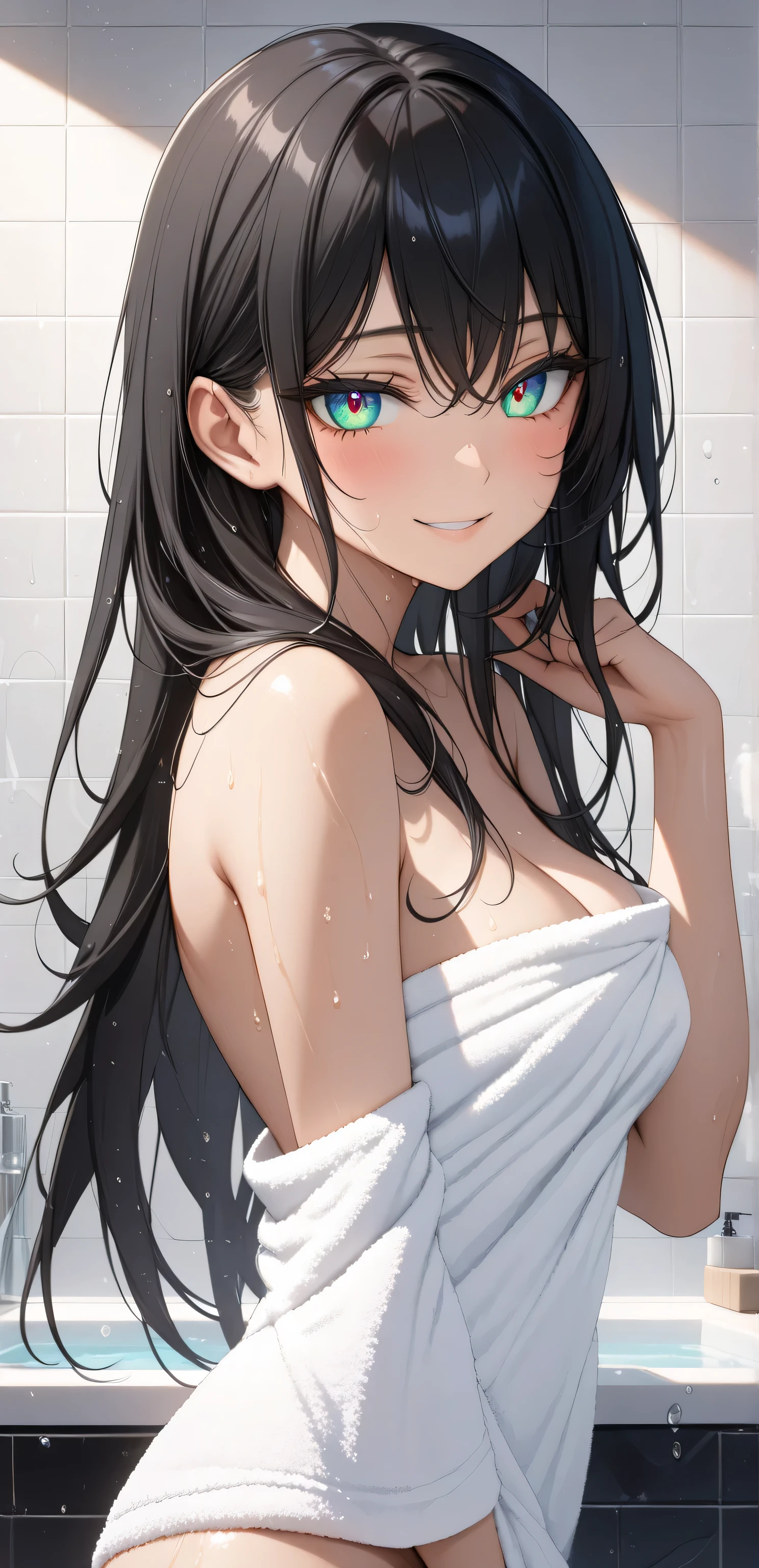 upper body, Random Sexy pose , ((Ultra detailing)), ((very aesthetic, best quality, ultra detailed)), intricate details, 1girl, ((long hair, Black hair, massy hair,)), ((Multi colour eyes)), ((Detailed eyes)), ((Beautifull eyes)), ((prefect eyes)), ((Ultra detailing eyes)) ,Medium breast, sharp jawline, sexy smile,((Body towel)), Bath room, wet