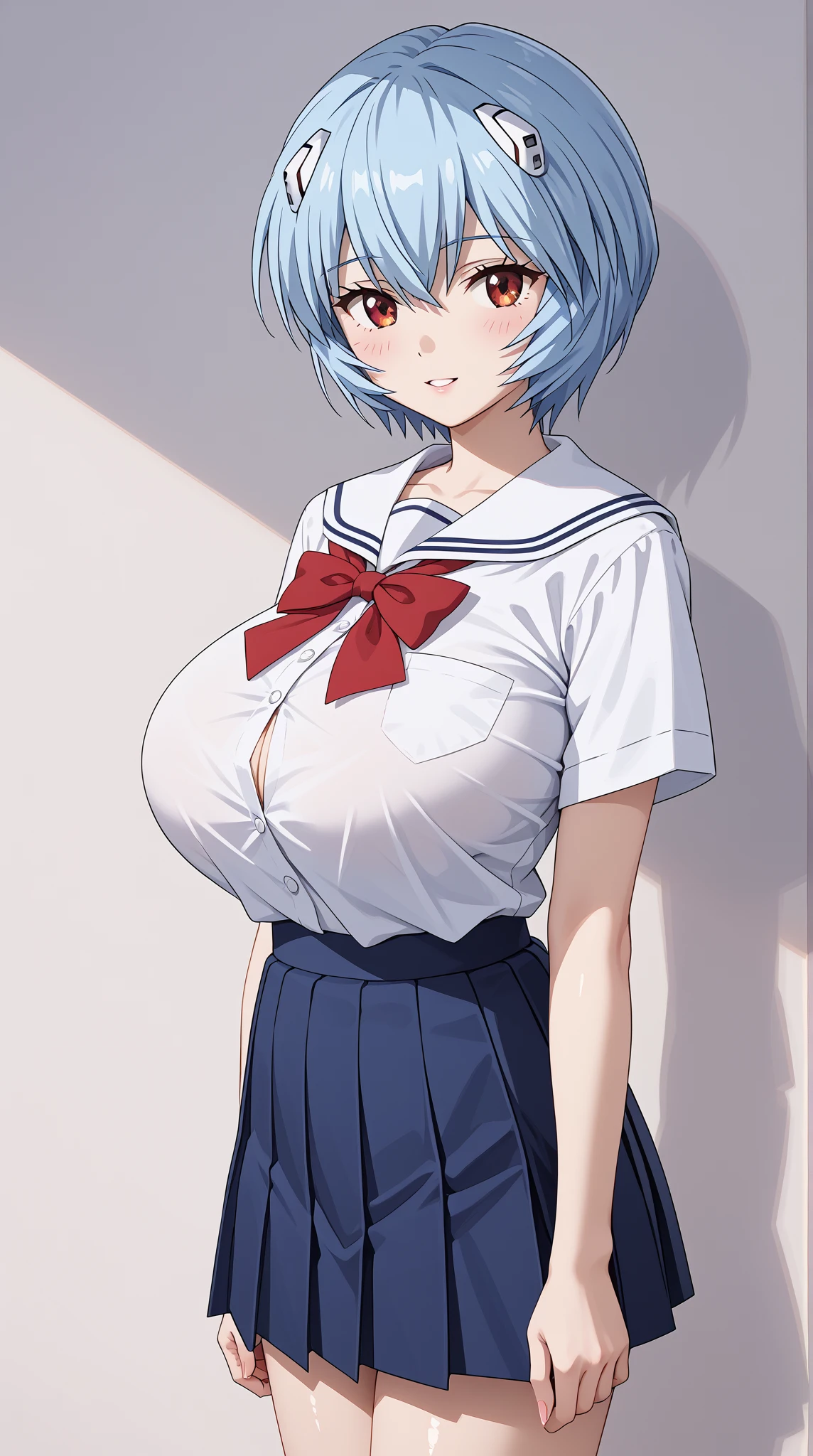 masterpiece, photoreal, high definition, slim waist, long legs, wet skin, huge ass, huge breasts, masterpiece, best quality, absurdres, perfect anatomy, 1girl, solo, Rei Ayanami, (1990s \(style\), blue hair rei, short hair, standing, smile, Mogudan_Ayanami_School_outfit, Seifuku, white thigh highs, legs spread, on bed, covered in cum, wet skin, cum drip, bukkake, breast milk, cum on face, cum on tits, lip biting