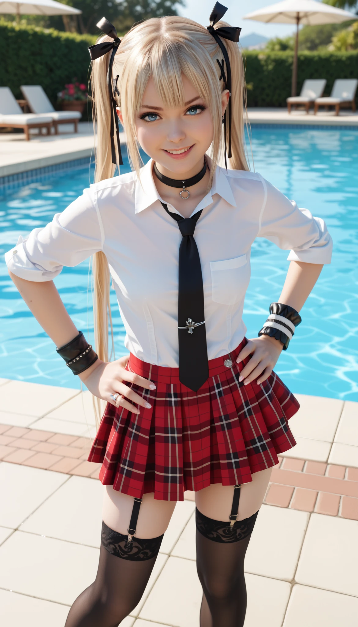18 years old, mature, marie rose, 1girl, small breasts,
black choker, white shirt, necktie, plaid skirt, wristband, detached sleeves, black thighhighs, garter straps, hand on hip, leaning forward, smirk, background detail enhancer, beautiful outdoor poolside background, sparkles,
