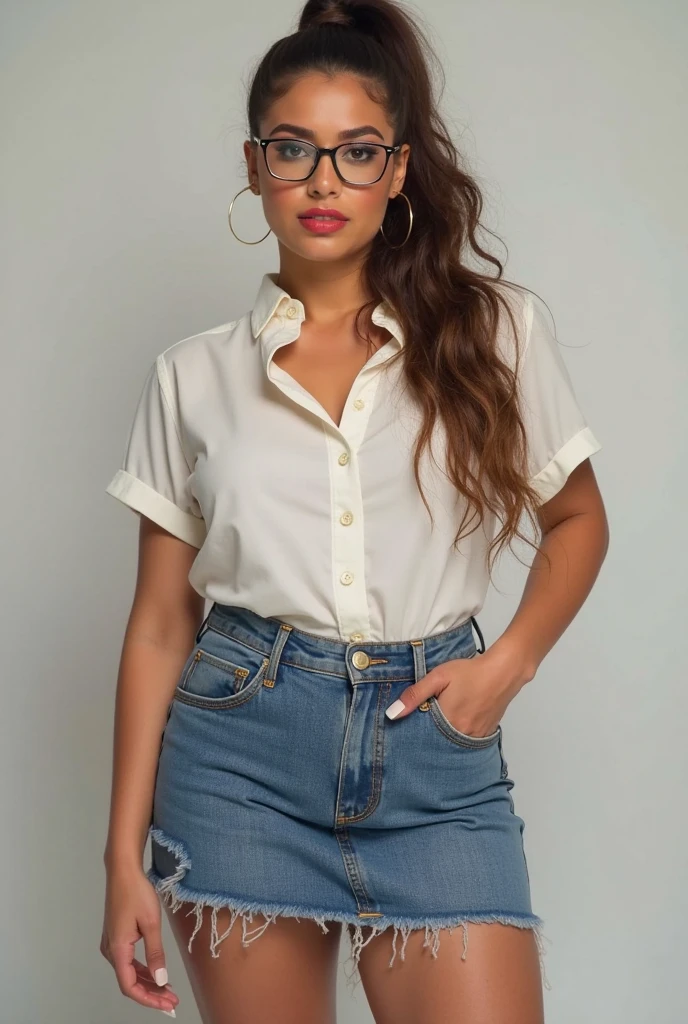 Femme ultra realistic; main ultra realistic; blue shirt top ;bat jean noir; regard fixe; lightly tanned skin ;ultra realistic ;it is located outside a house in the garden; with a modern stone wall behind it