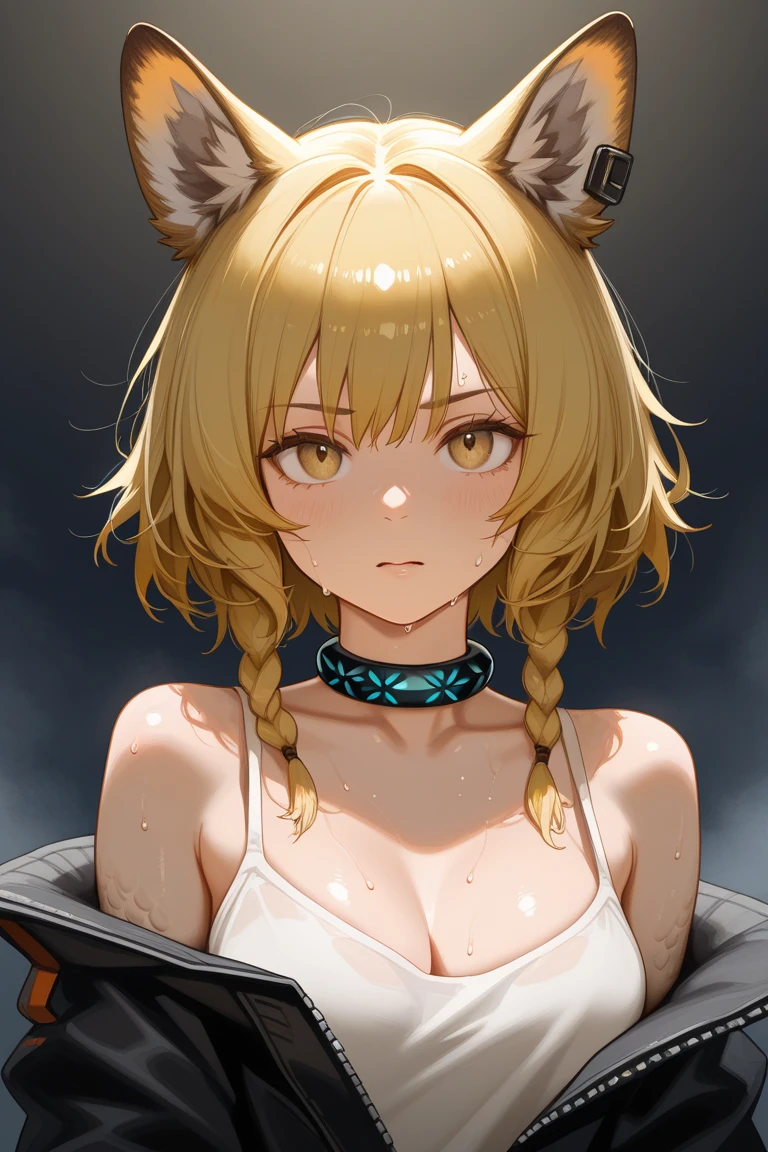 Dog Style。Naked woman wearing a collar。Sad expression。