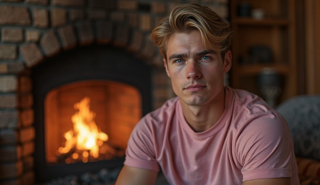 European man,sexy, 30 years, rubio,combed back, blue eyes, beautiful smile,hairless face,aesthetic body, sweaty body, shirtless,red boxer,prominent lump, open legs, with your hands up behind your head (prominent lump) high quality,Lots of quality,He is reclining in his luxurious room.,dark