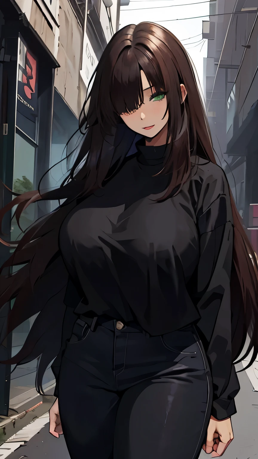 1girl, Solo, Auburn Hair, very long hair, (straight hair), casual dark clothes, tall, mature, green eyes, one eye covered by hair, badass, baddie, strong body, tiny smile, full body shot, High Resolution, best quality, detailed, full hd