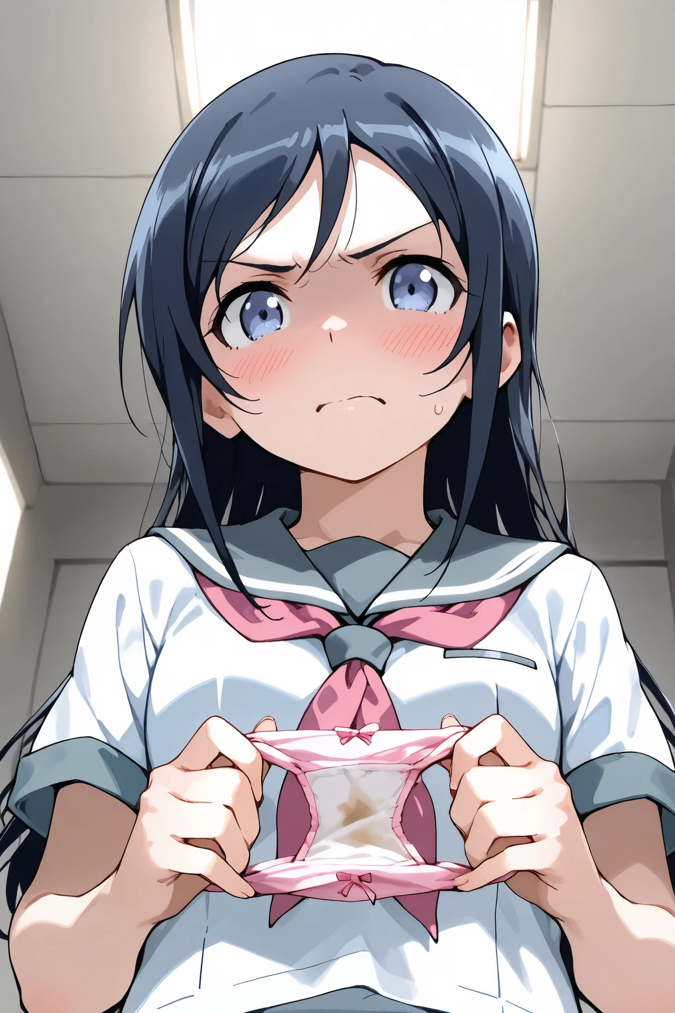 Aragaki Ayase, female 1 person,Alone,
extreme closeup below the chest, low angle,
black hair, long hair,half up, o, blue eyes,viewers,
spreading panty with hands,
unwearing panty,dirty panty,
very angry,blush,incontinence,contempt,
discomfort,
school uniform, sailor suit, shirt,white shirt, gray sailor color,Neckerchief,pink Neckerchief,