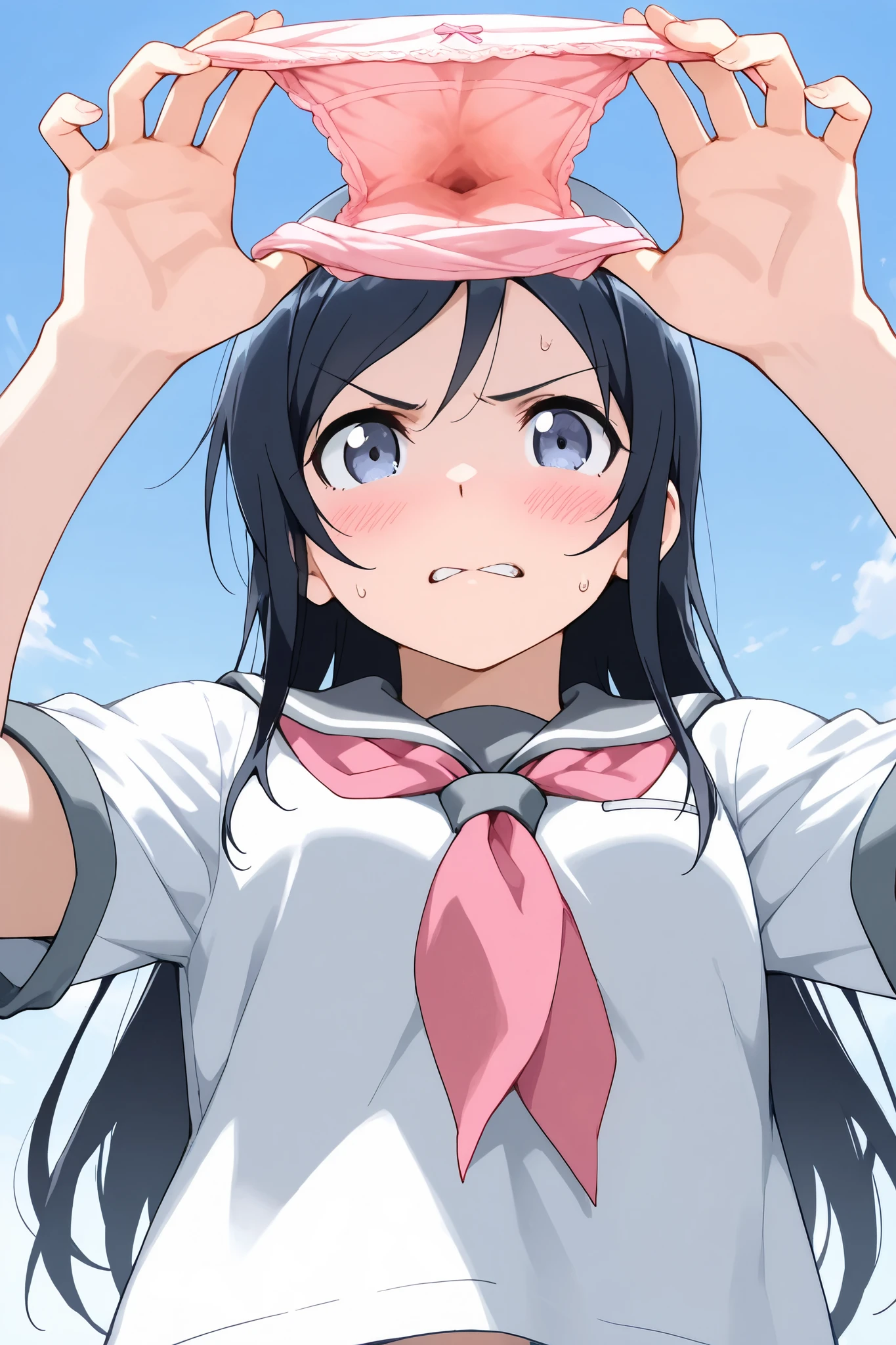 Aragaki Ayase, female 1 person,Alone,
extreme closeup below the chest, low angle,

 black hair, long hair,half up, o, blue eyes,viewers,

spreading panty with hands,
unwearing panty,dirty panty,
very angry,blush,incontinence,contempt,
discomfort,

 school uniform, sailor suit, shirt,white  shirt, gray sailor color,Neckerchief,pink Neckerchief,
